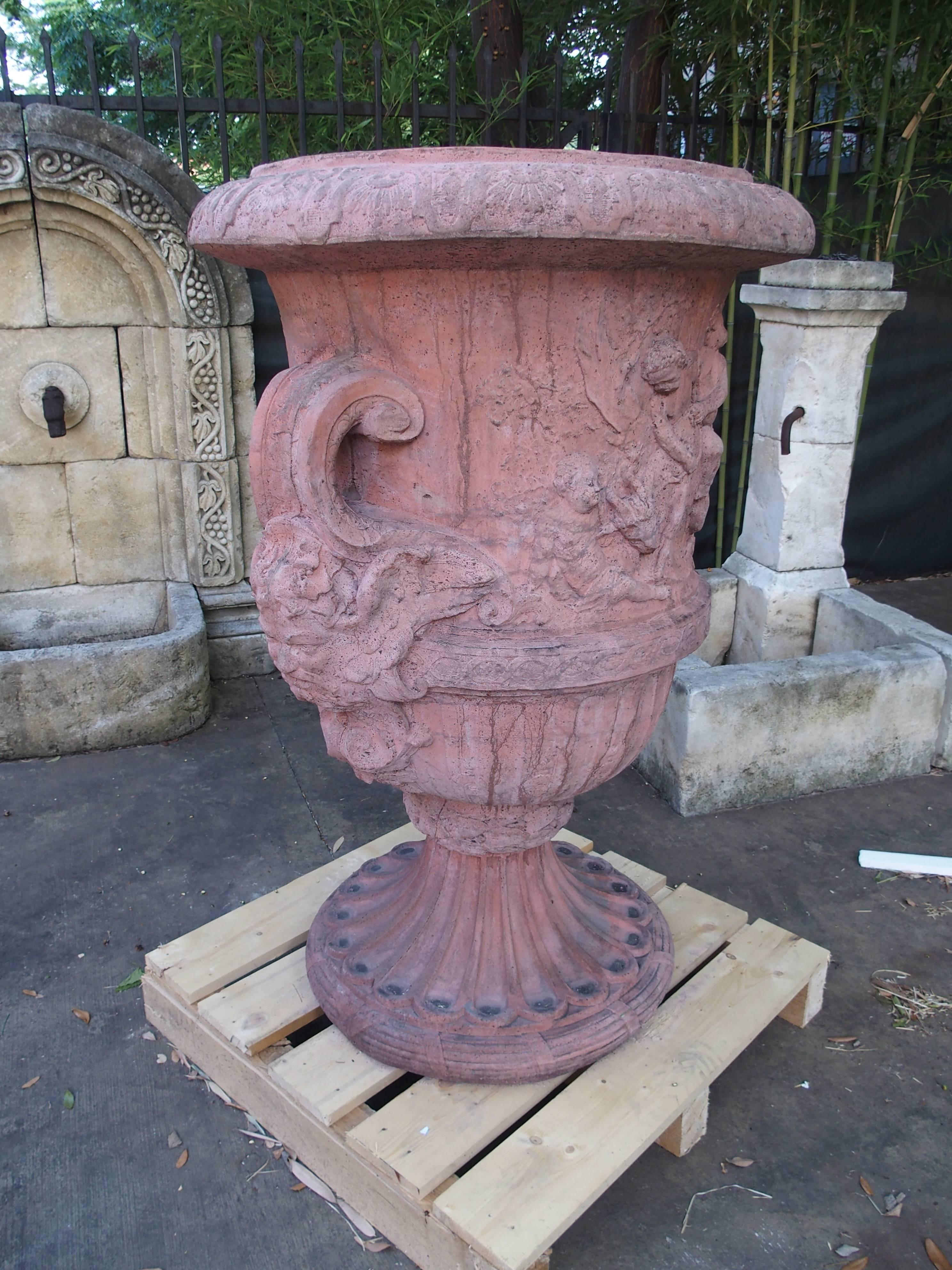 Pair of Large French Terra Cotta Colored Cast Stone Urns 1