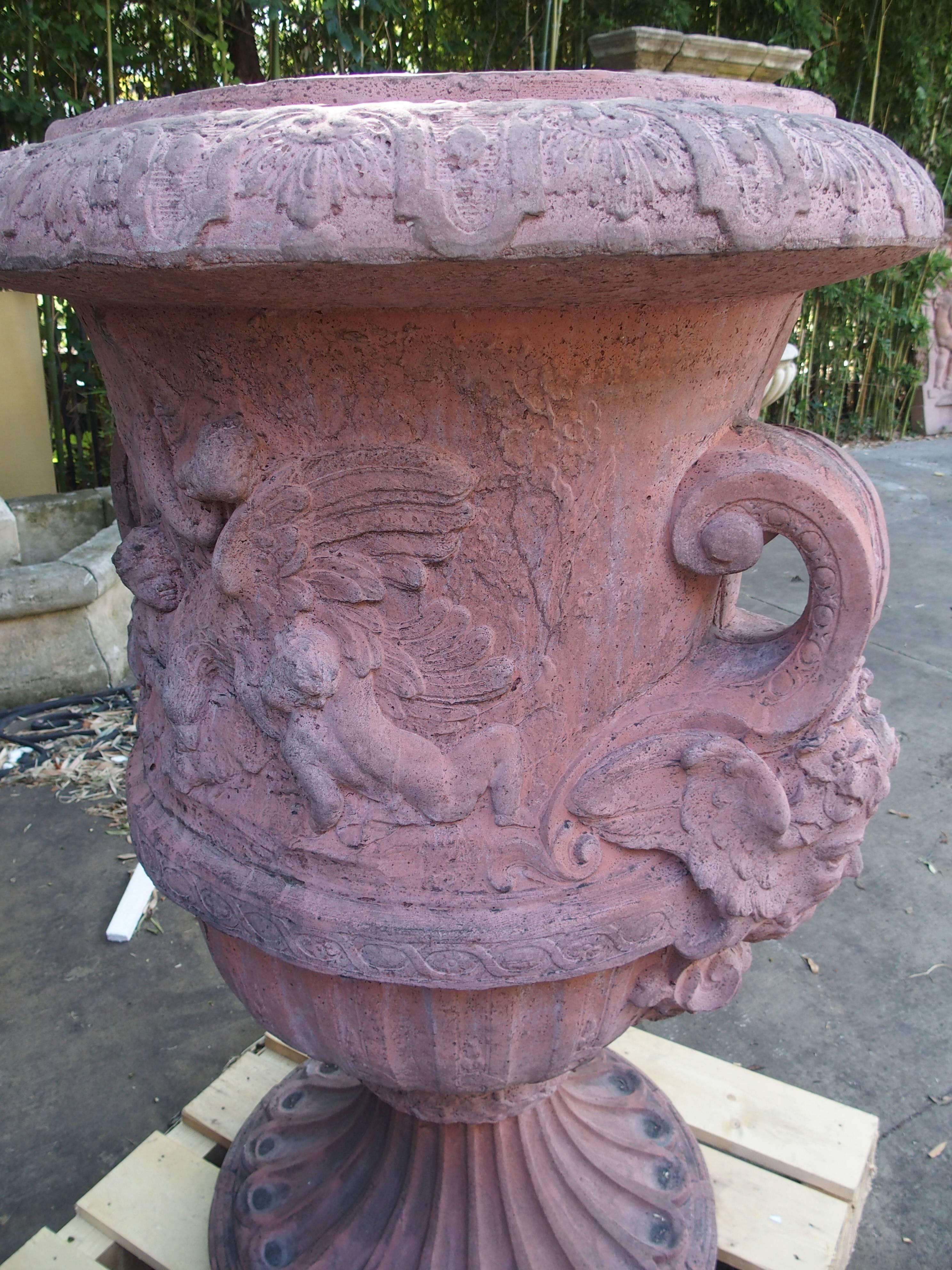 Pair of Large French Terra Cotta Colored Cast Stone Urns 2
