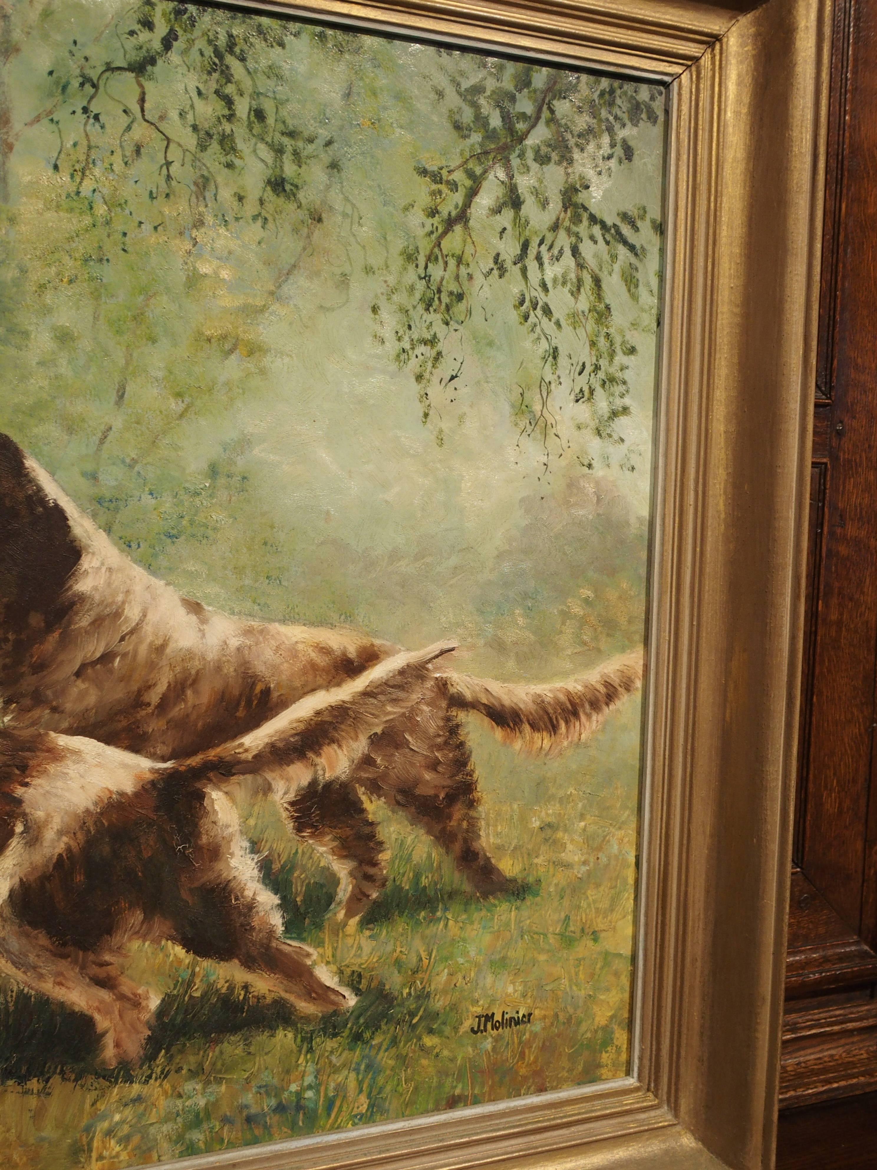 This framed oil painting on board depicts two hunting dogs in pursuit of their prey in a forested area. It was painted by the French artist, Jean Molinier, sometime during the 1900s. The artist has portrayed an intensity in the hunting dogs’ faces