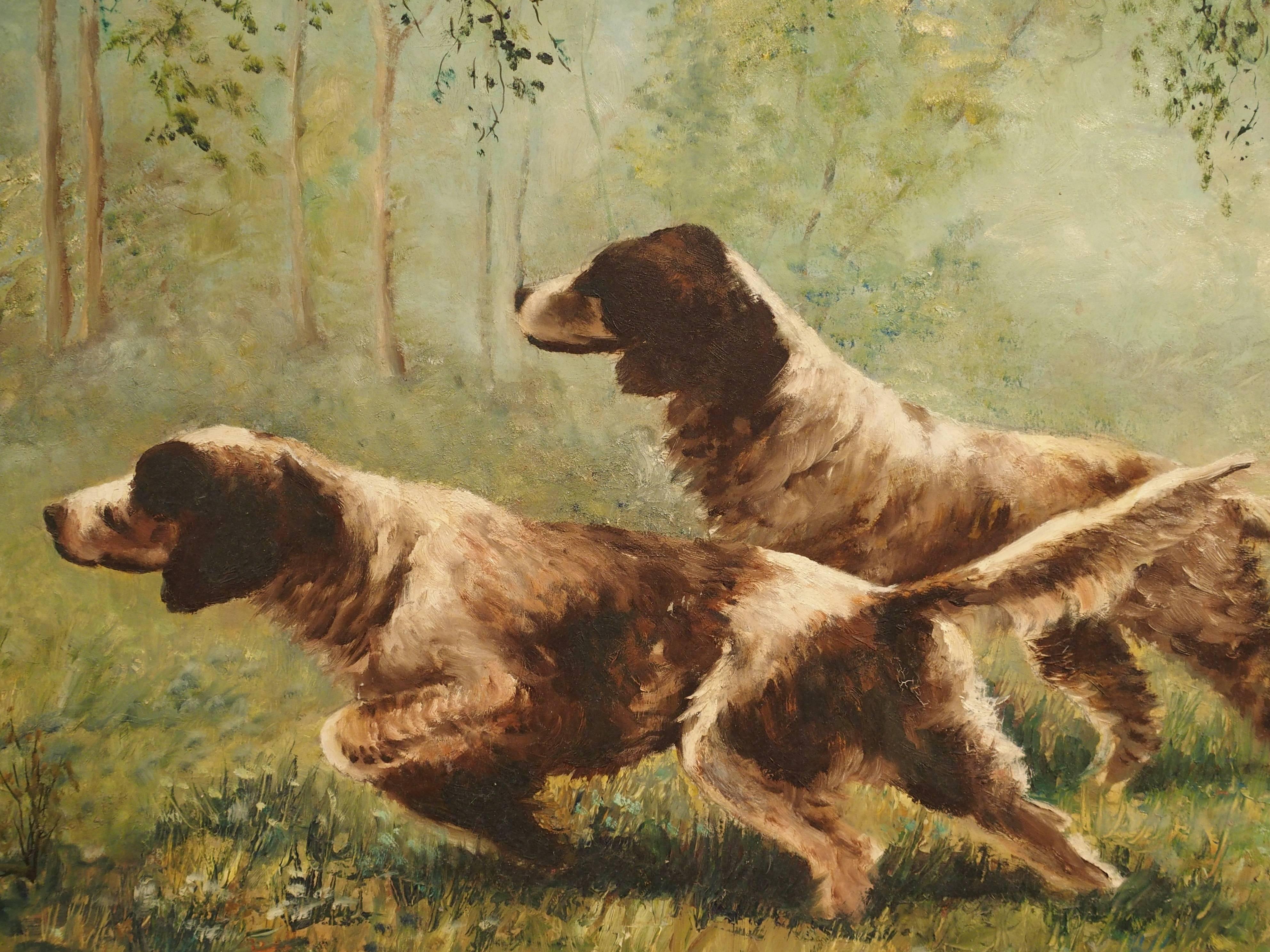 French Oil Painting by Jean Molinier, Hunting Dogs, 1900s In Excellent Condition In Dallas, TX