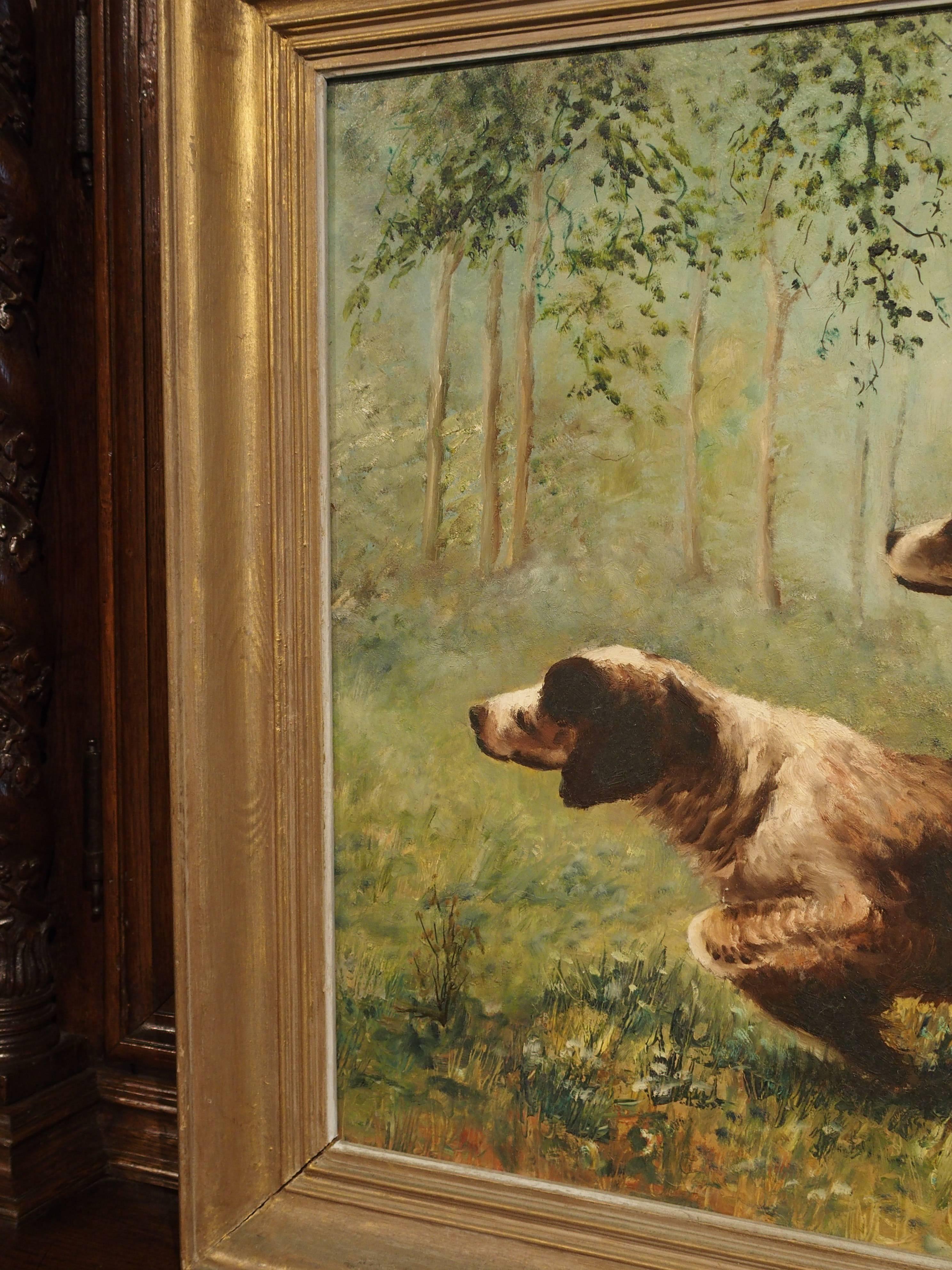 Wood French Oil Painting by Jean Molinier, Hunting Dogs, 1900s