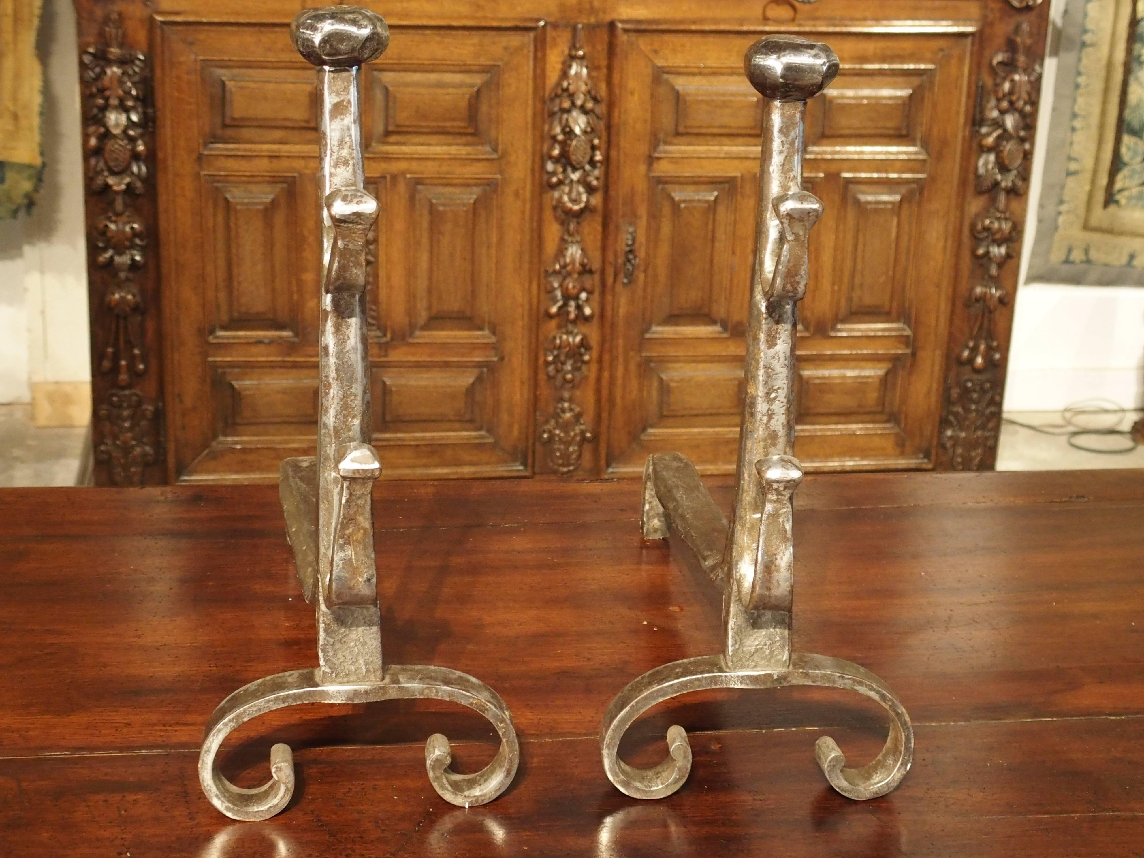 Wrought Iron Pair of 17th Century French Andirons