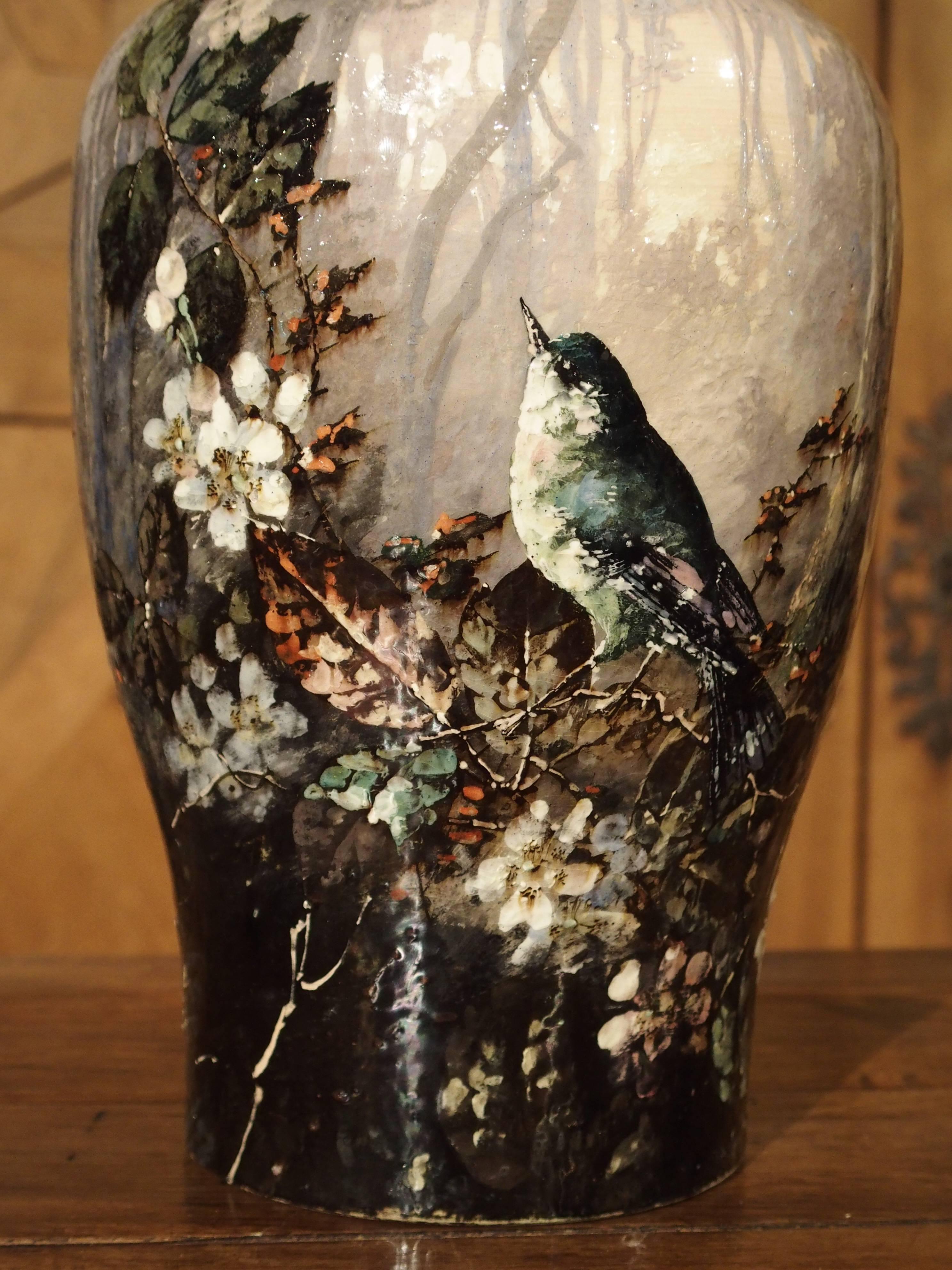 Ceramic Antique Bourg-La-Reine Barbotine Vase, France, circa 1850