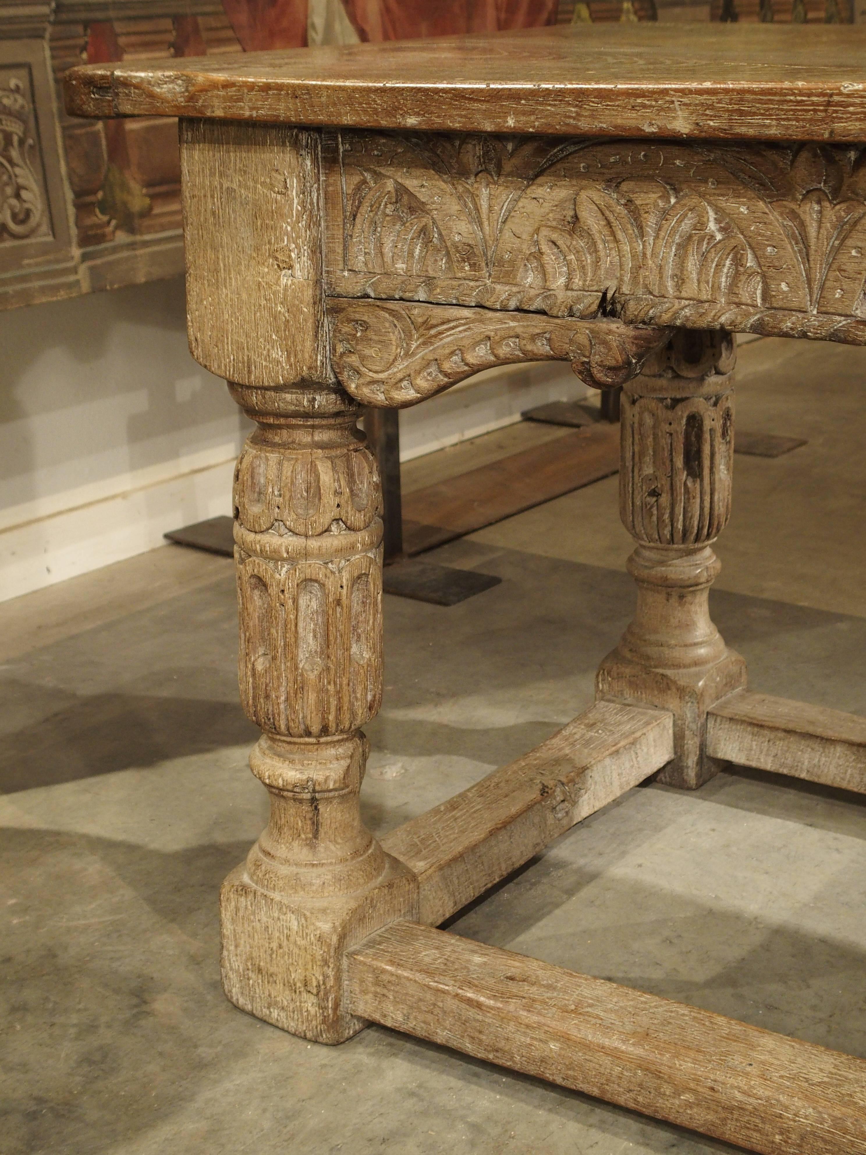 Hand-Carved Antique Whitewashed Oak Table from England, Early 1800s