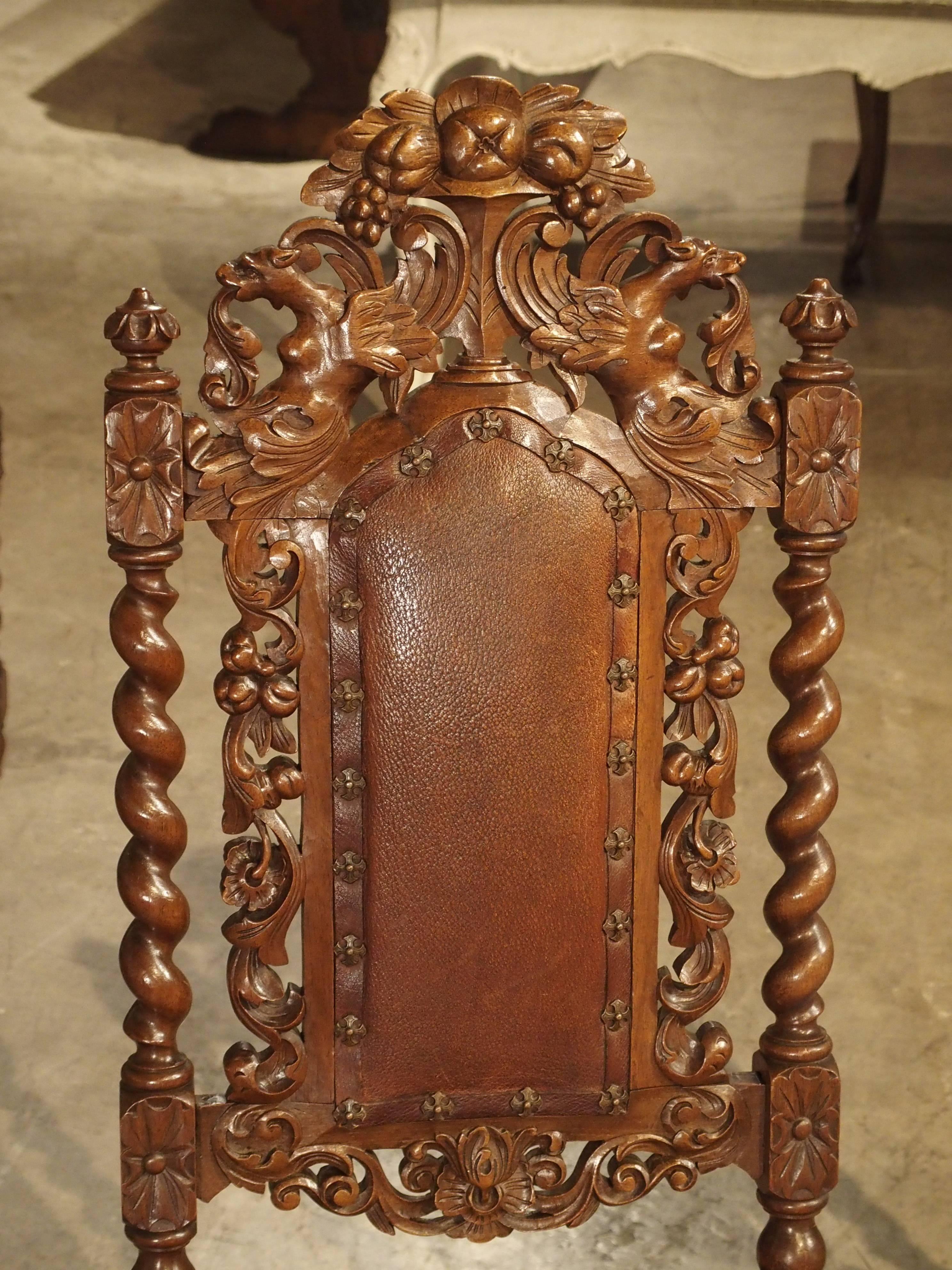 Set of nine Antique Walnut and Leather Dining Chairs from France, circa 1880 In Good Condition In Dallas, TX