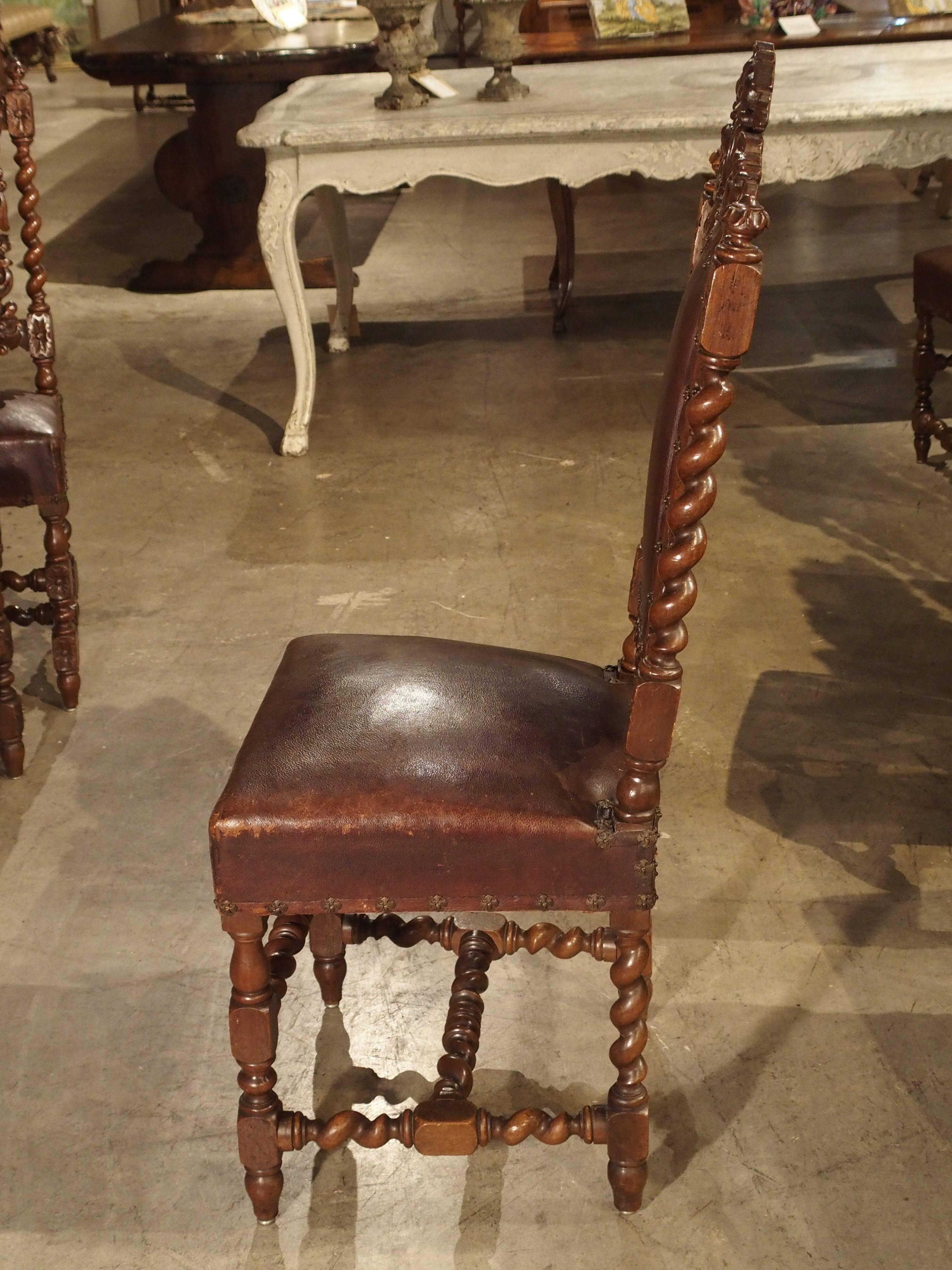 19th Century Set of nine Antique Walnut and Leather Dining Chairs from France, circa 1880