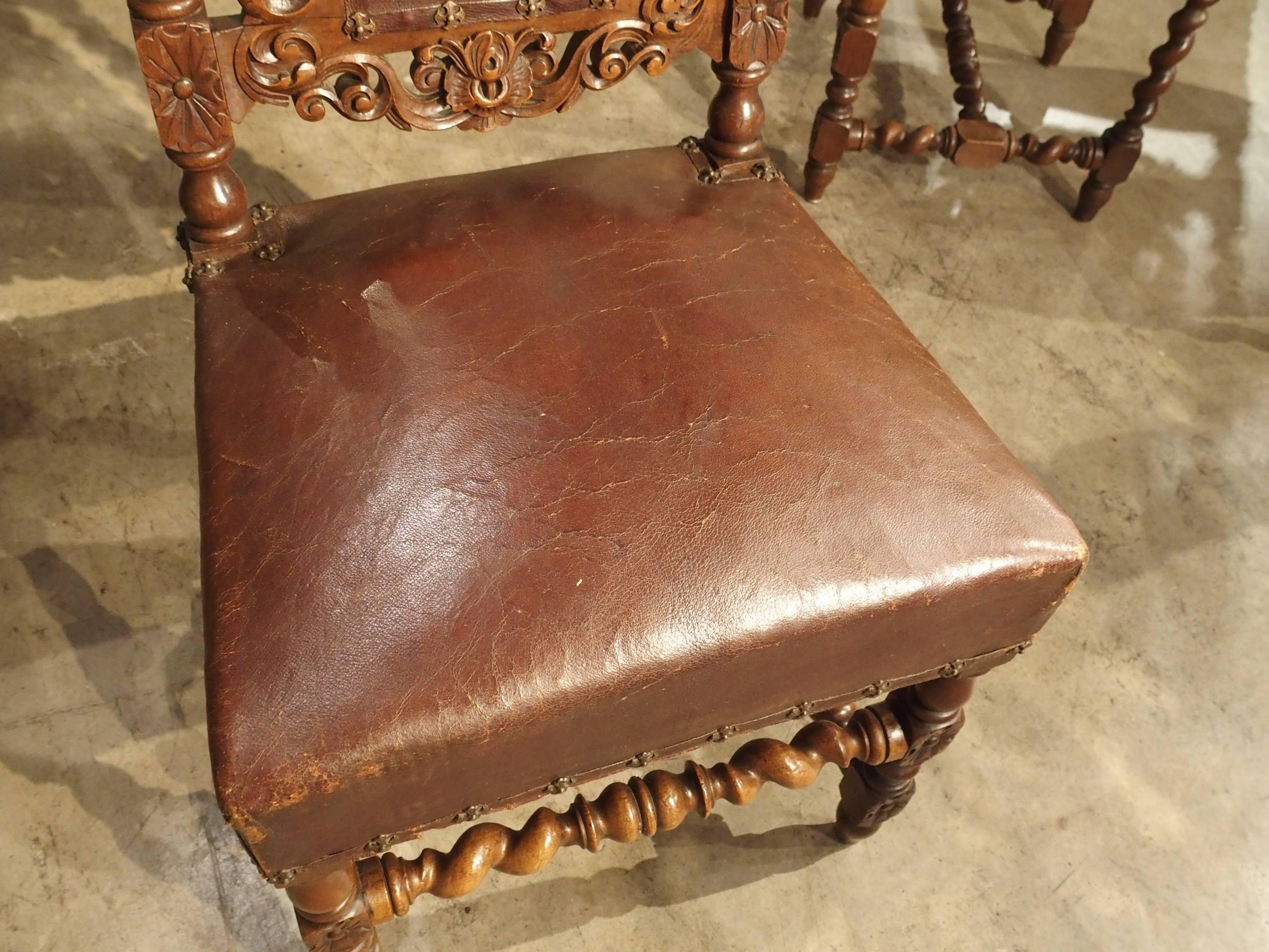 Set of nine Antique Walnut and Leather Dining Chairs from France, circa 1880 1