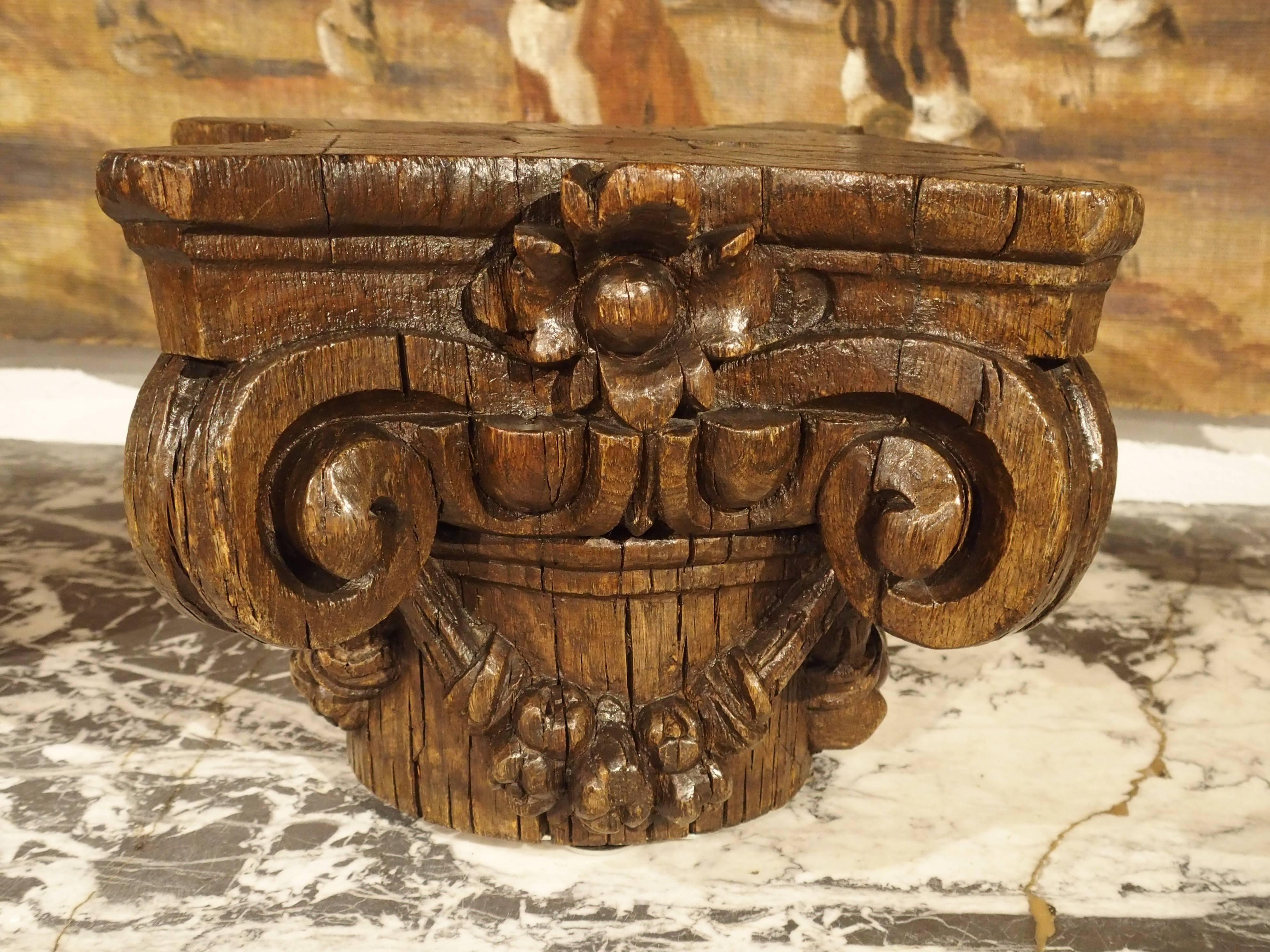 Hand-Carved Small 18th Century French Oak Column Capital