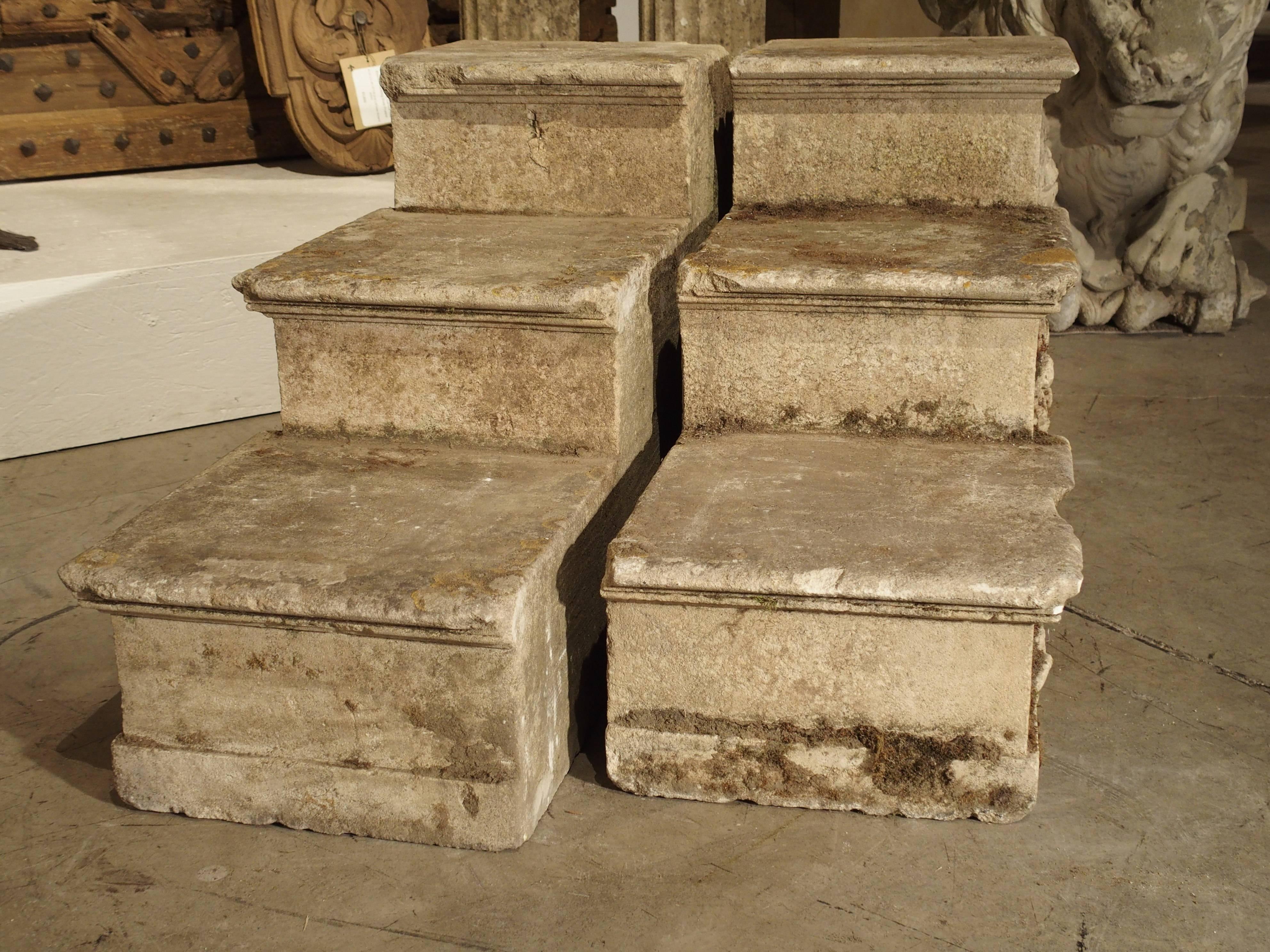 These hand carved, antique French stone stair fragments, are some of the most exquisite we have ever seen.  They are comprised of two separate sections having three steps each, allowing for much versatility in their how they are used.  On their