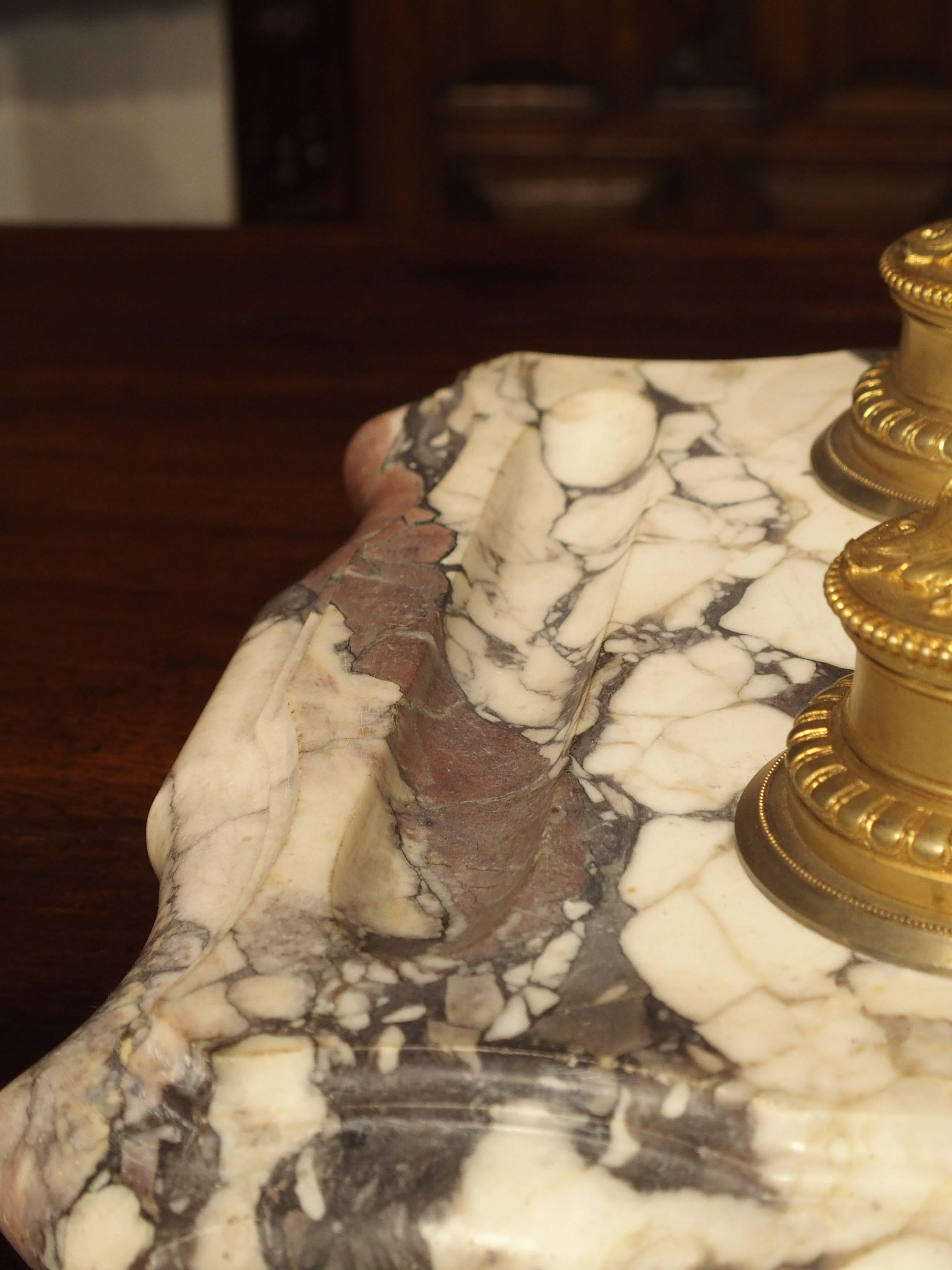 Hand-Carved Large Antique French Marble and Bronze Inkwell, circa 1880 For Sale