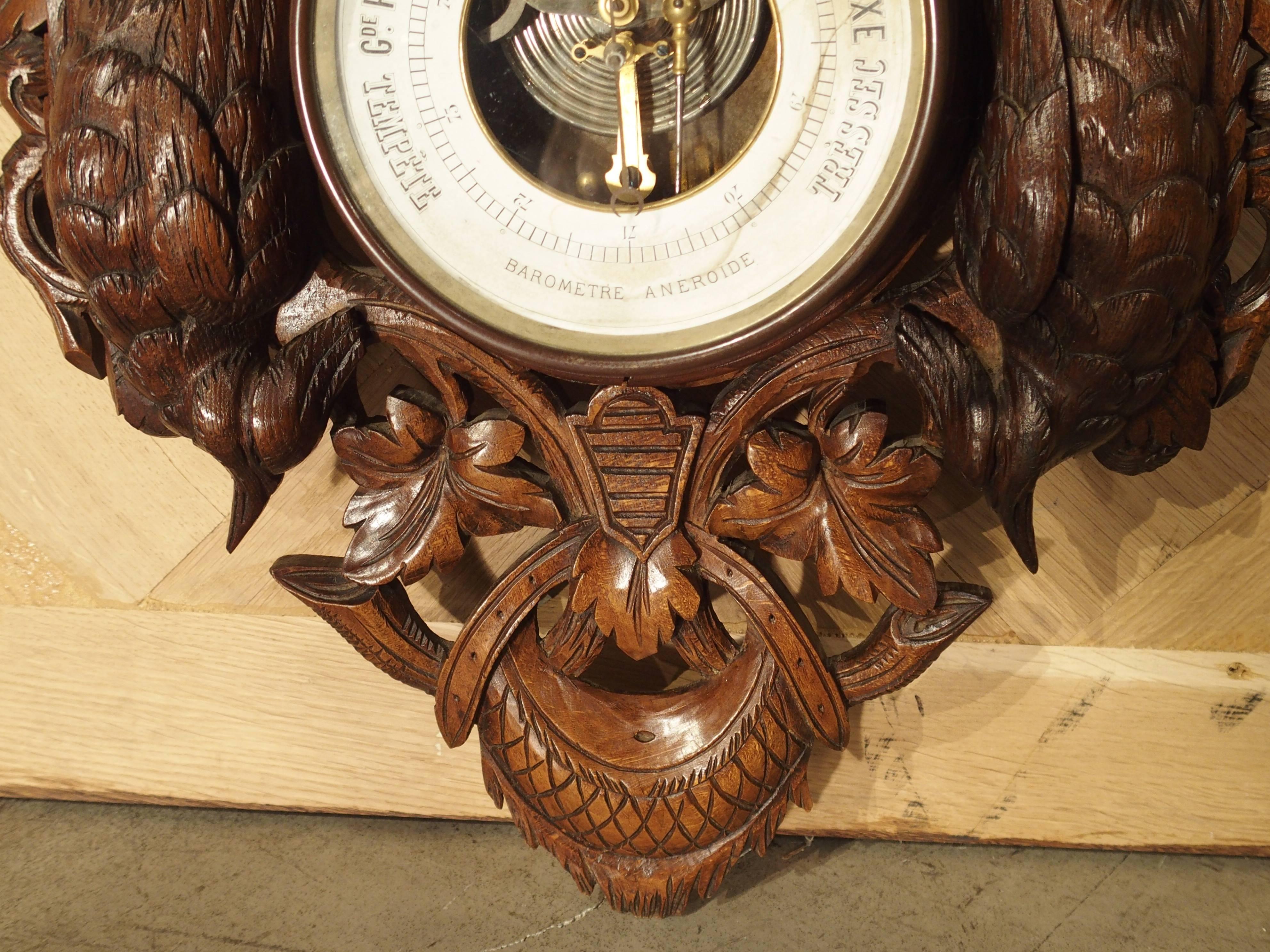 French Antique Oak Black Forest Barometer and Thermometer, circa 1885
