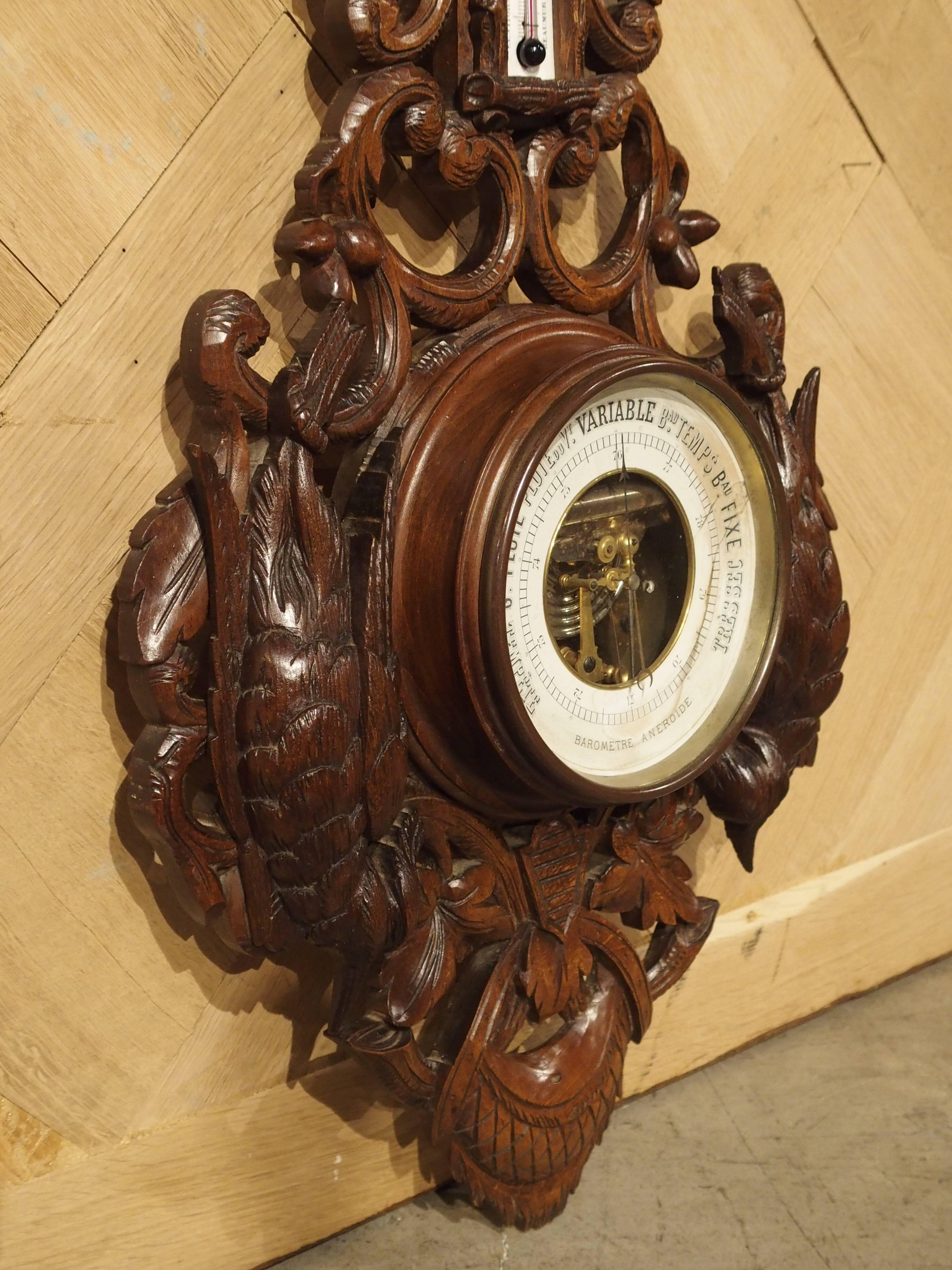 Hand-Carved Antique Oak Black Forest Barometer and Thermometer, circa 1885