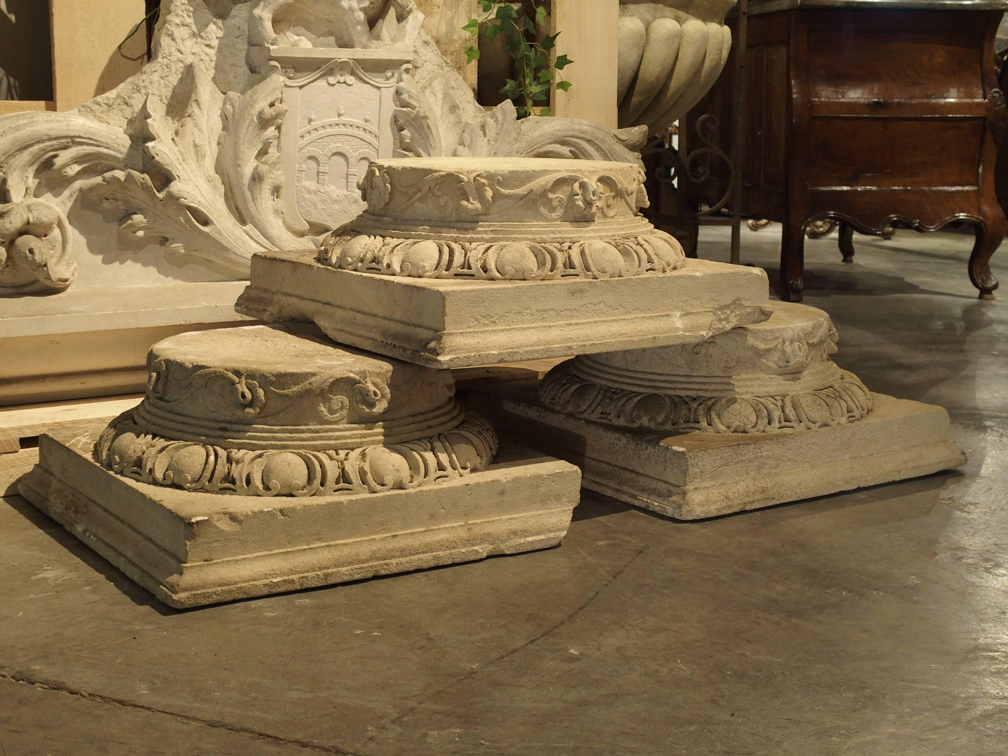 Set of Three Carved Stone Capitals from France, Near Beauvais, Early 1800s In Distressed Condition In Dallas, TX