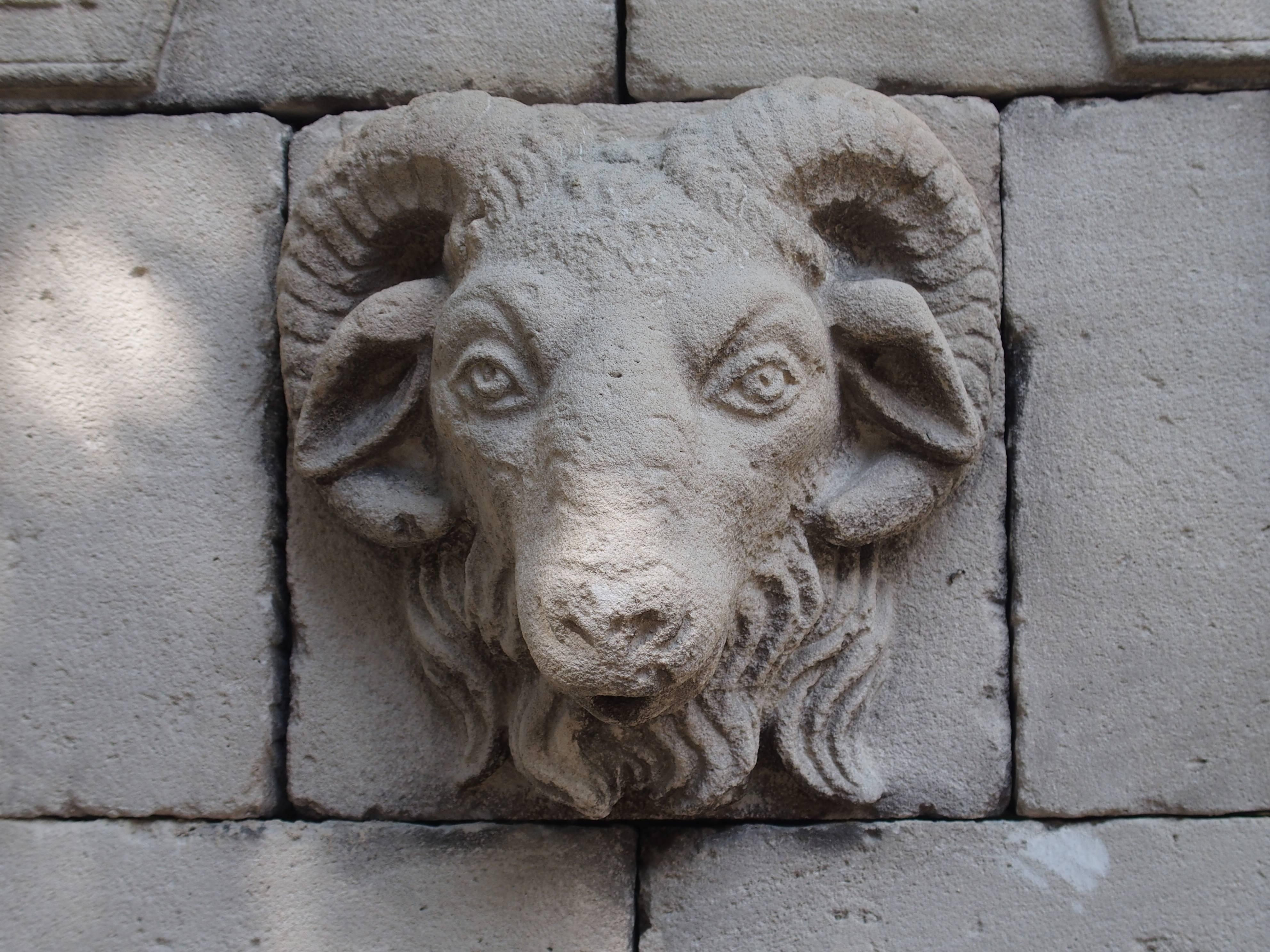Carved Limestone Ram's Head Wall Fountain from France 3