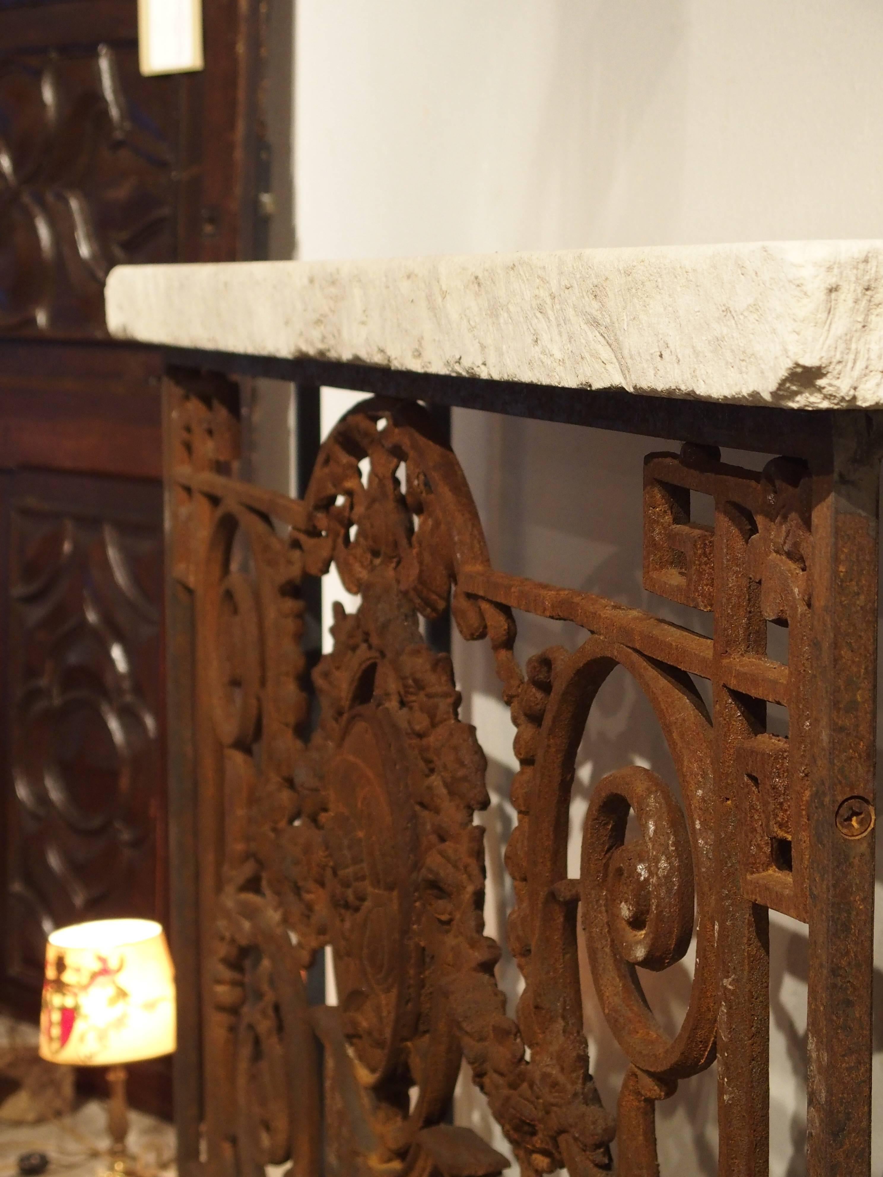 Cast Iron Gate Console Table with Limestone Top from France 3