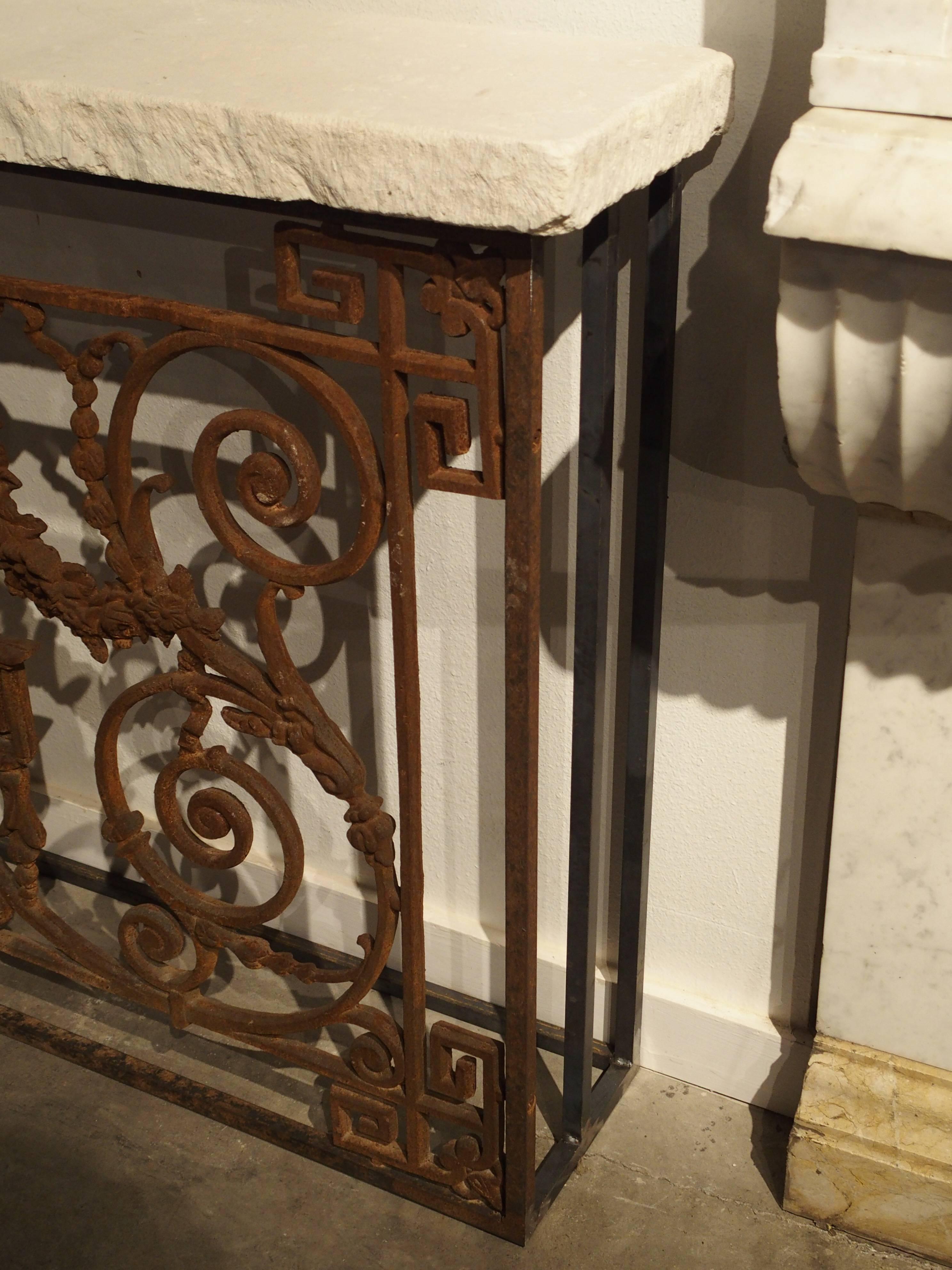 Cast Iron Gate Console Table with Limestone Top from France 1