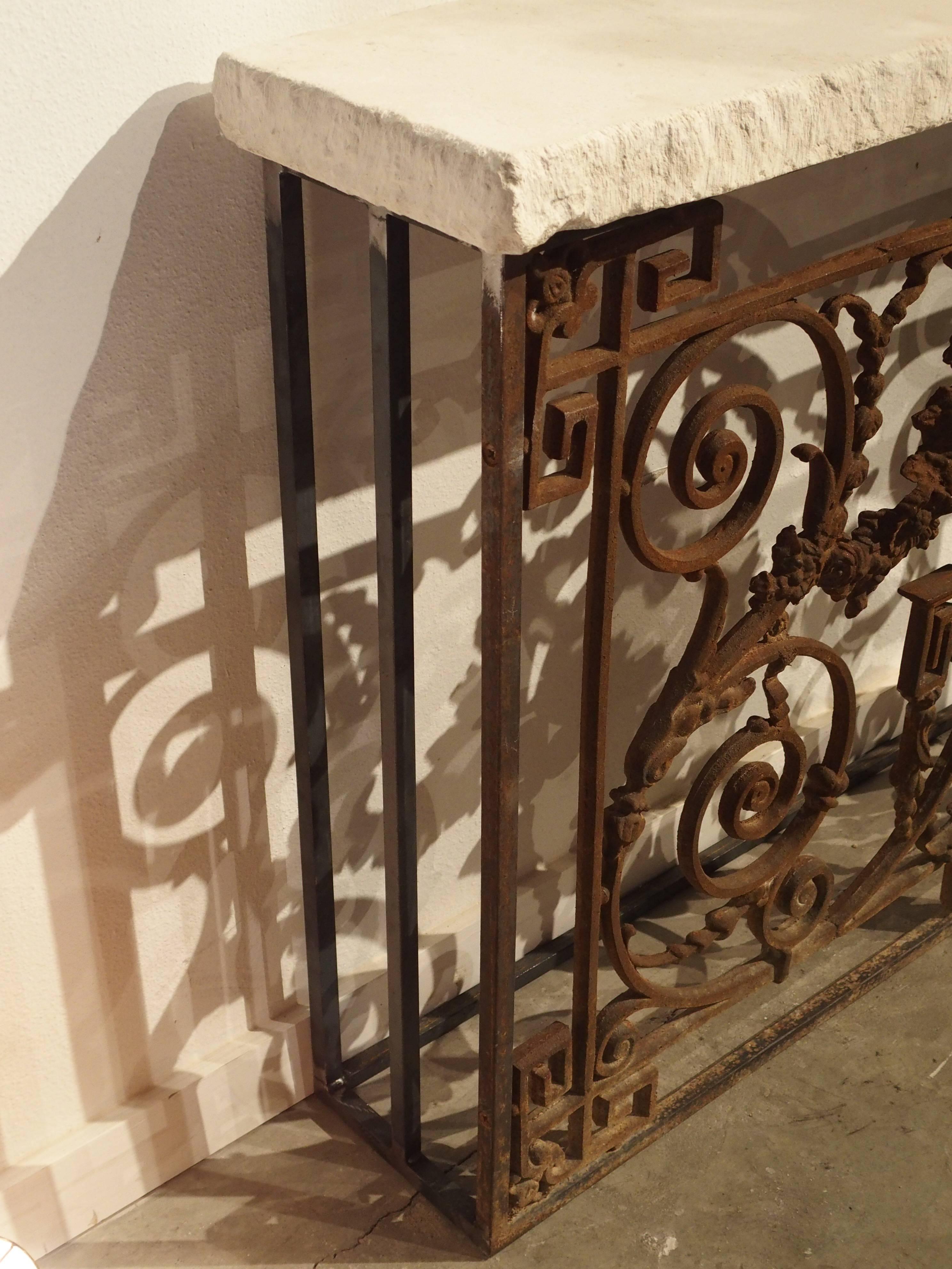 20th Century Cast Iron Gate Console Table with Limestone Top from France