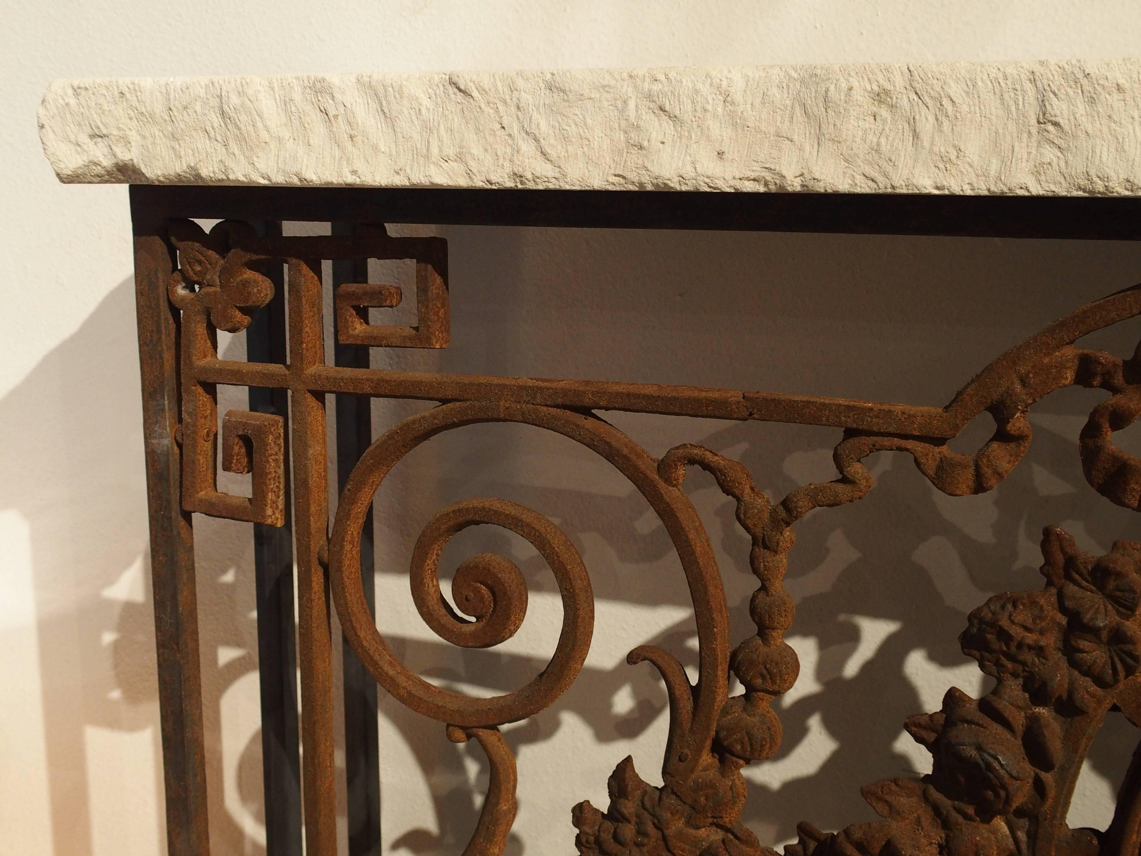 French Cast Iron Gate Console Table with Limestone Top from France