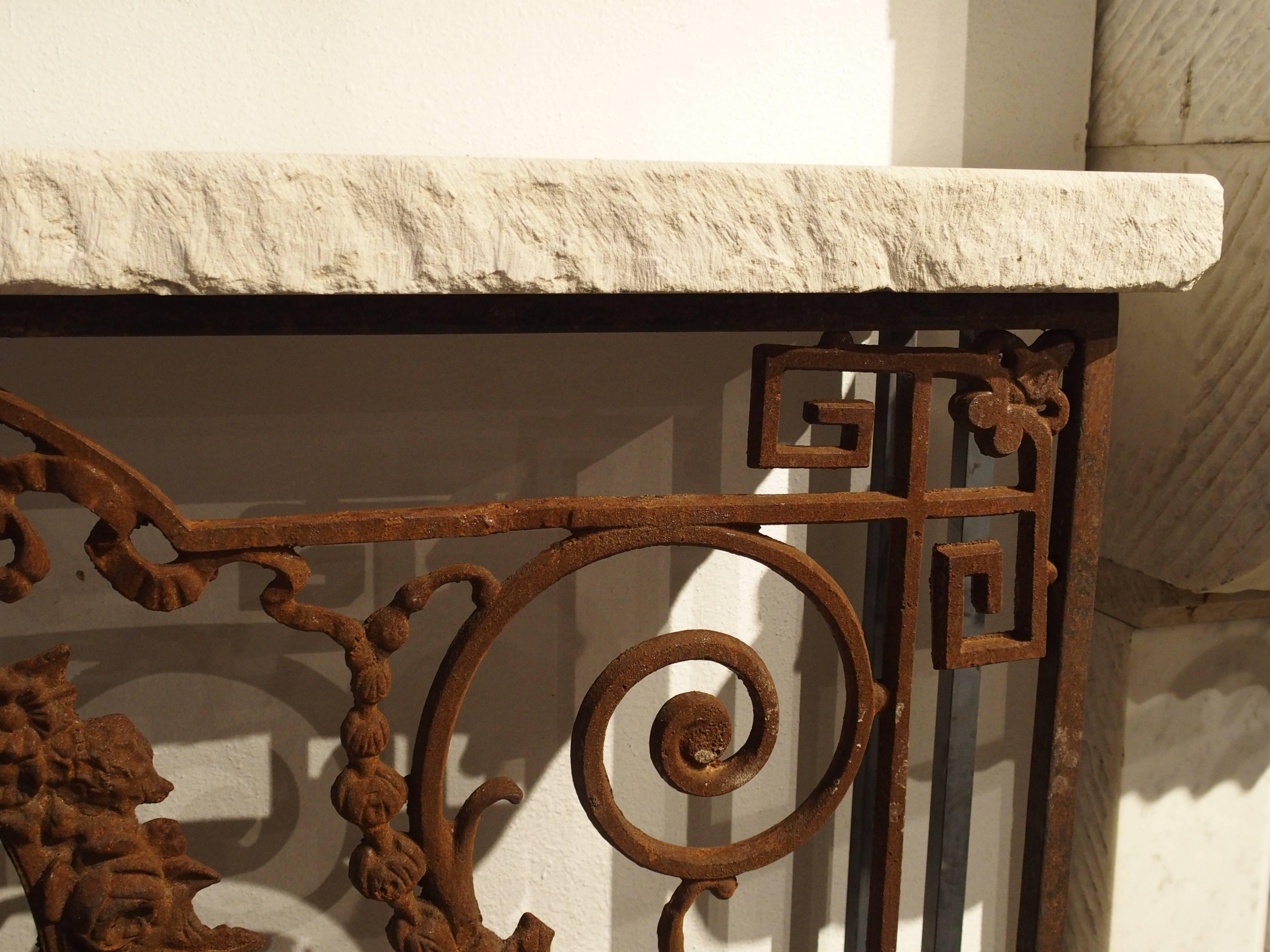 Cast Iron Gate Console Table with Limestone Top from France In Excellent Condition In Dallas, TX