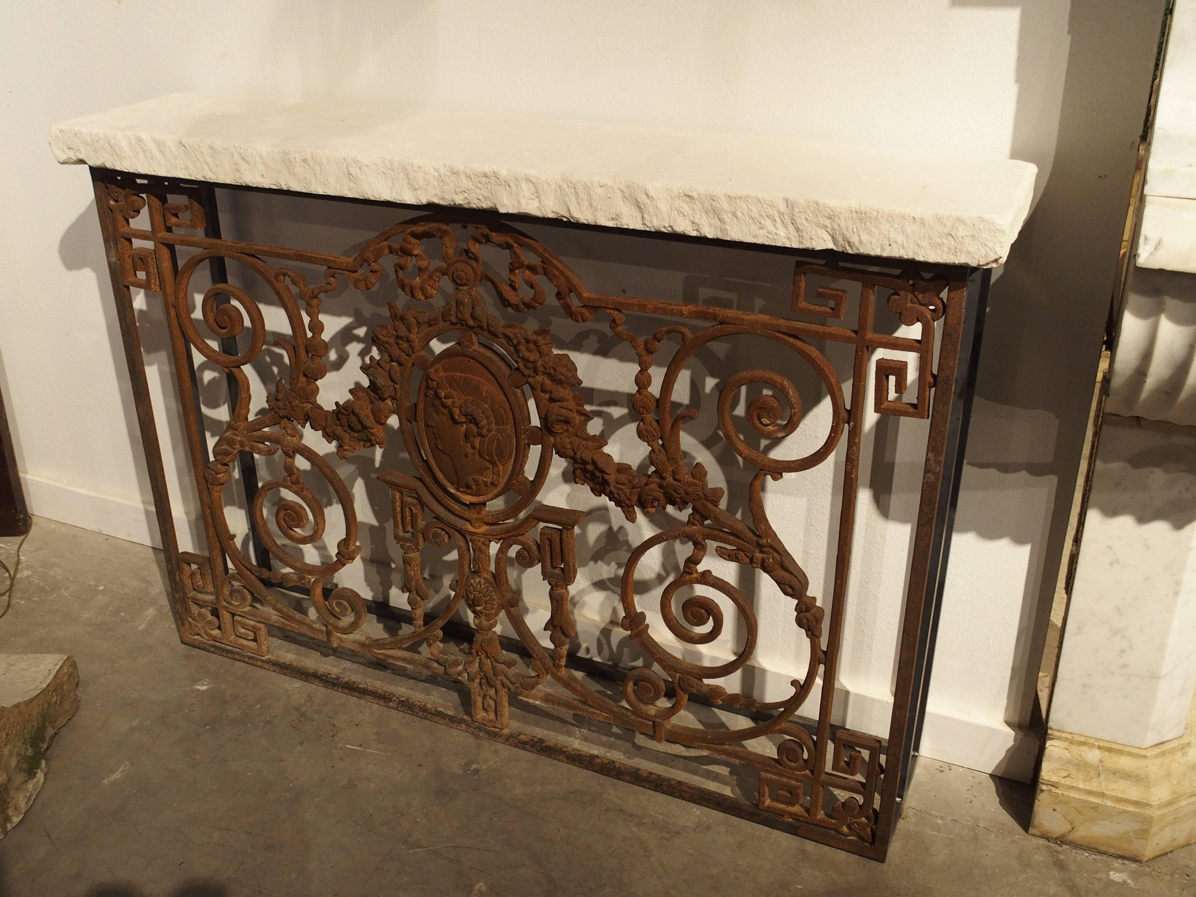 Cast Iron Gate Console Table with Limestone Top from France 2