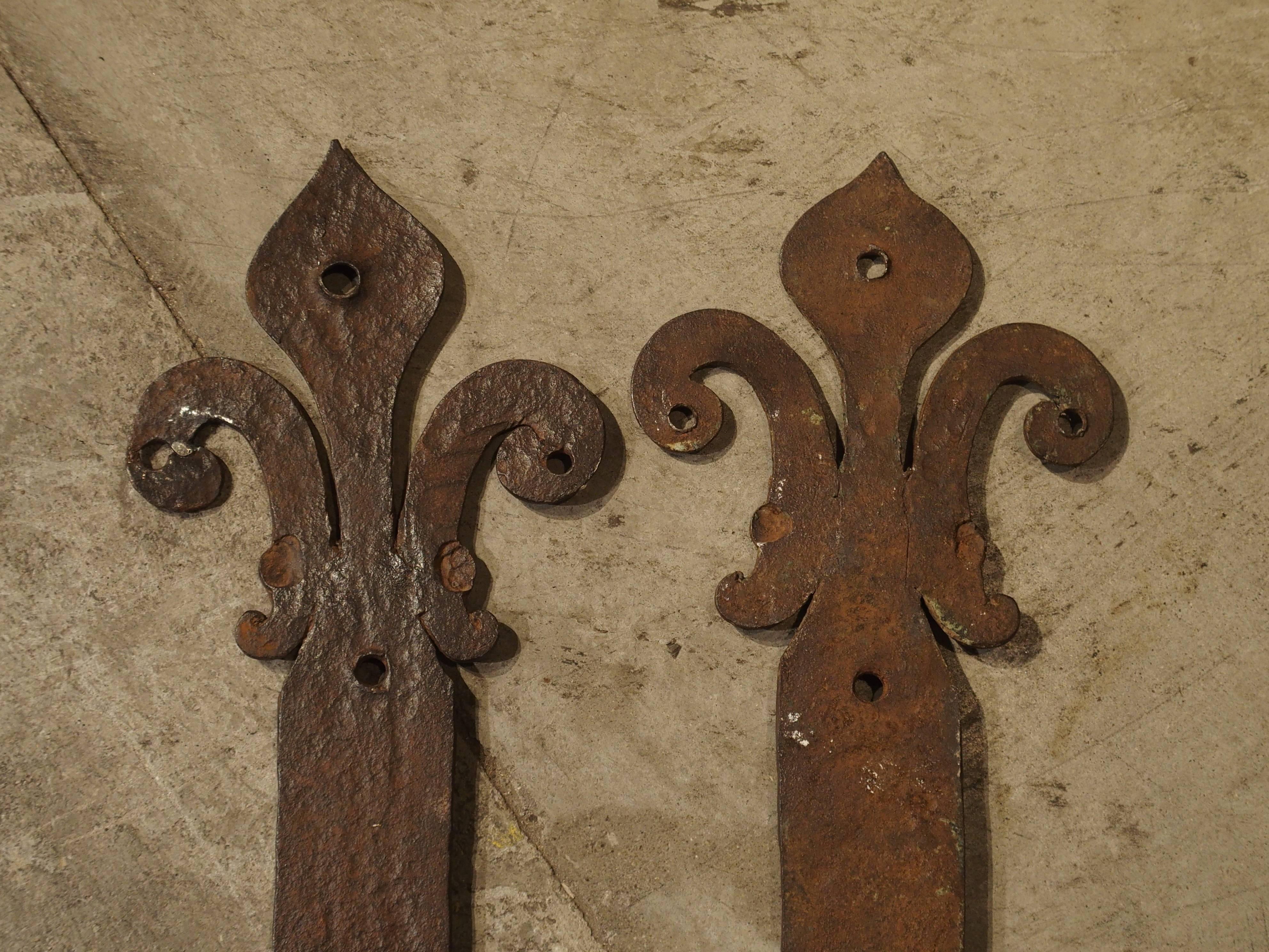 18th Century and Earlier Pair of 15th Century Fleur-de-Lys Iron Door Straps from France