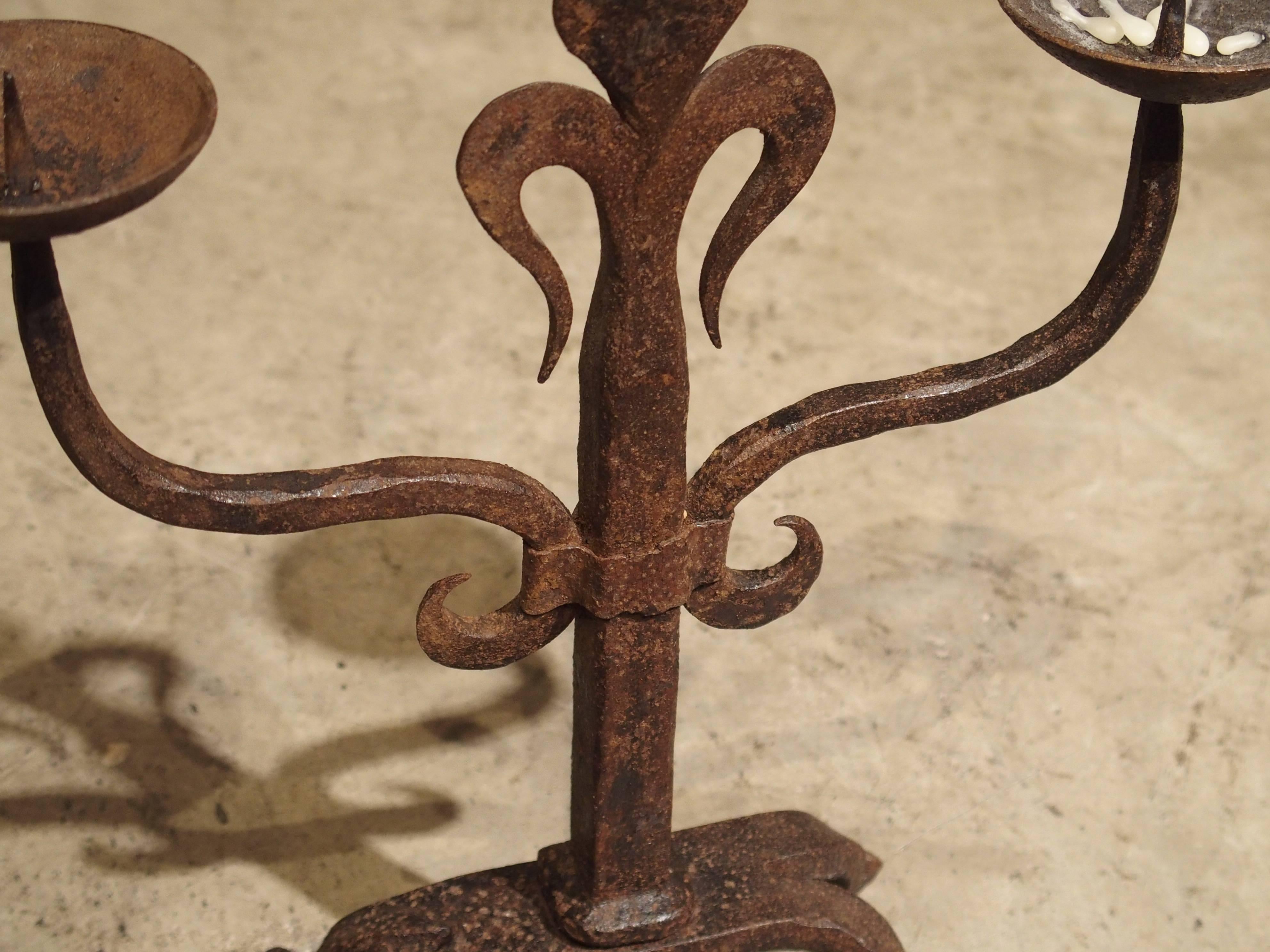 Wrought Iron Pair of French Fleur De Lys Forged Iron Candelabras