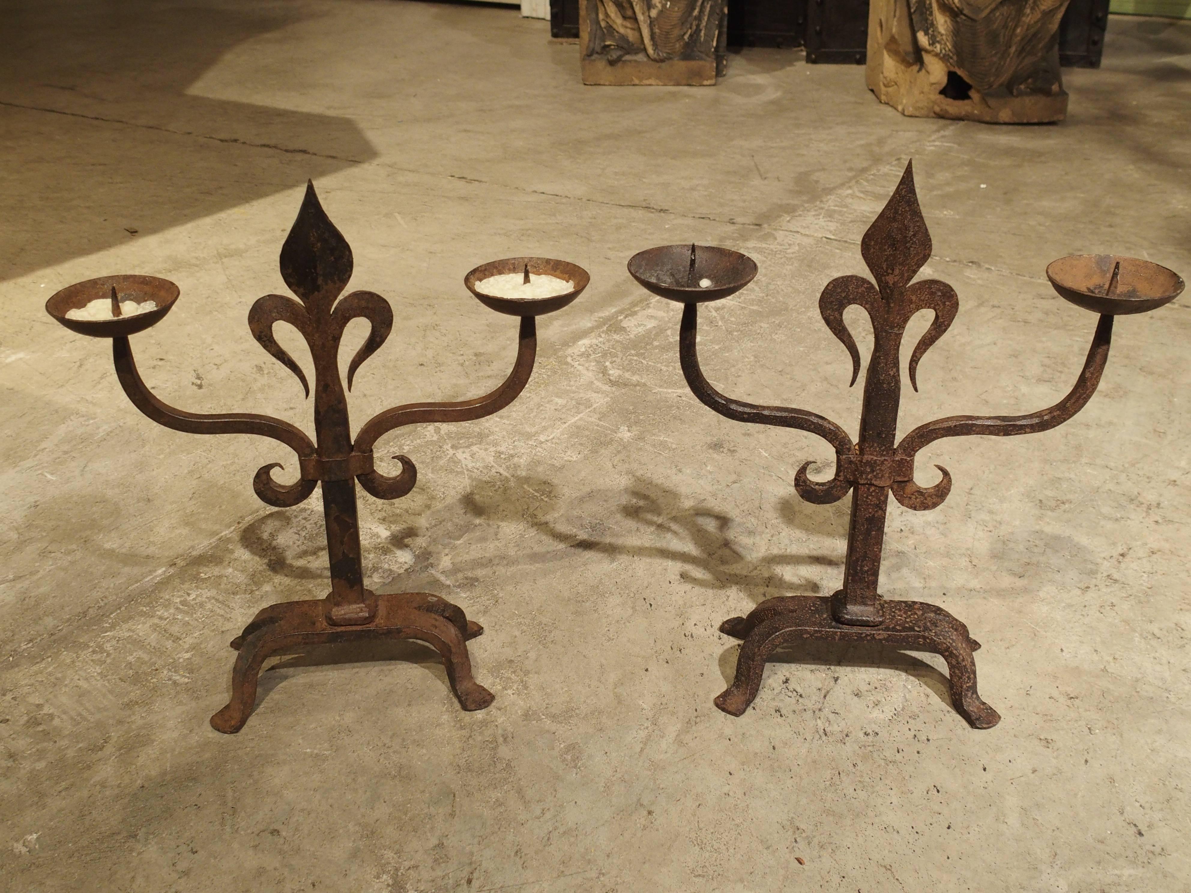 Pair of French Fleur De Lys Forged Iron Candelabras 5