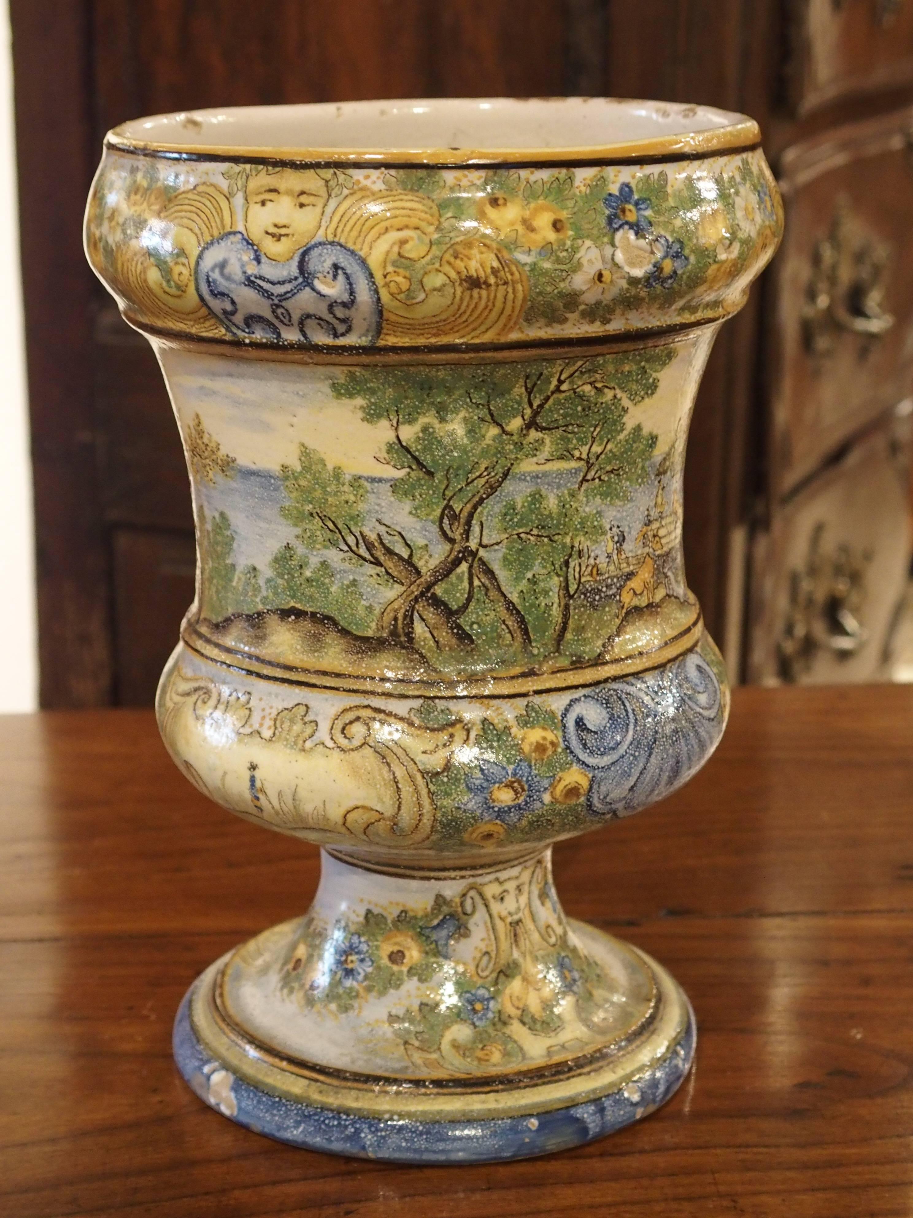 Hand-Painted Small Antique Ceramic Urn from Italy, Early 1800s