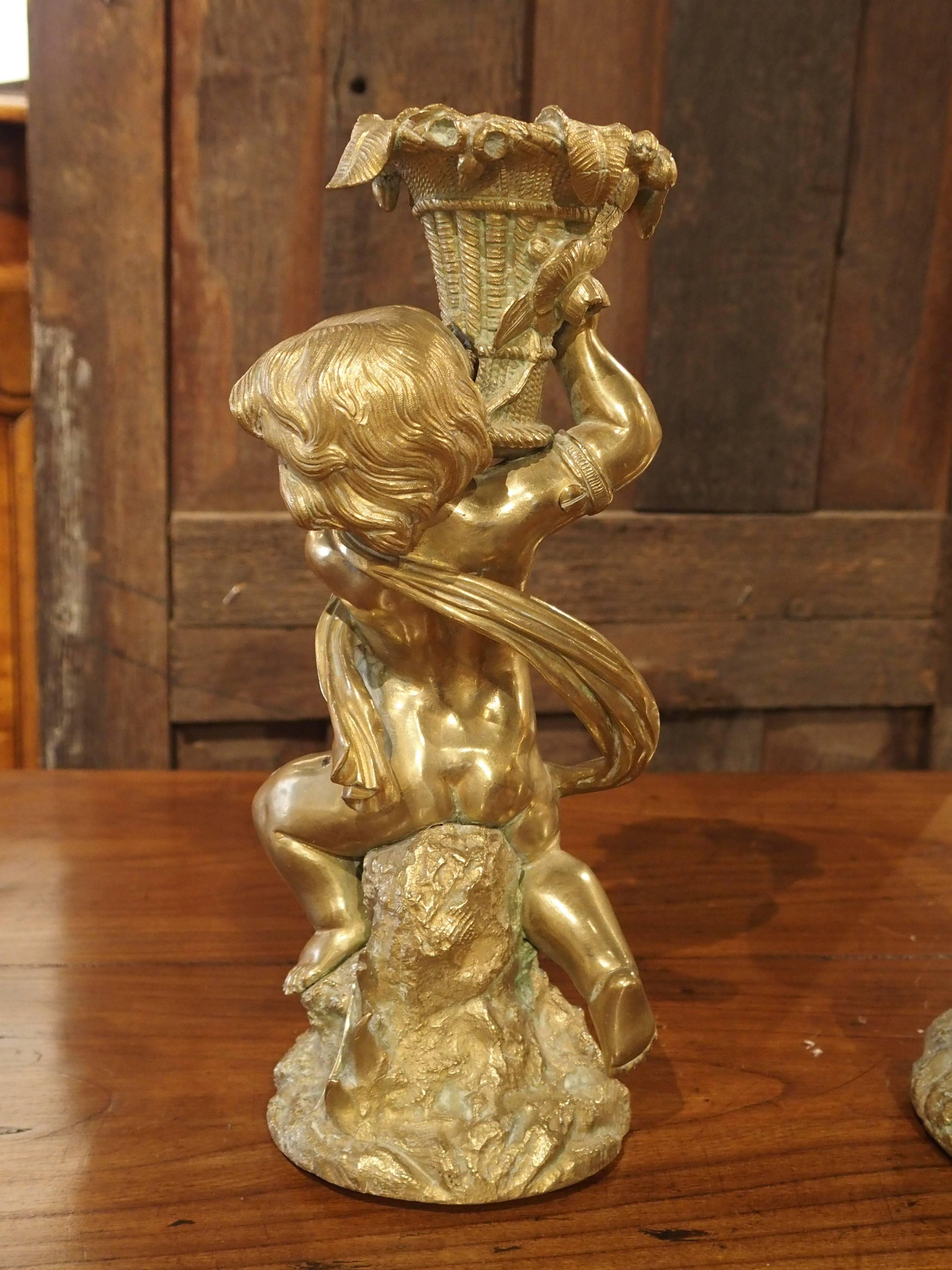 French Gilt Bronze Putti Candlestick Holders from France, circa 1850