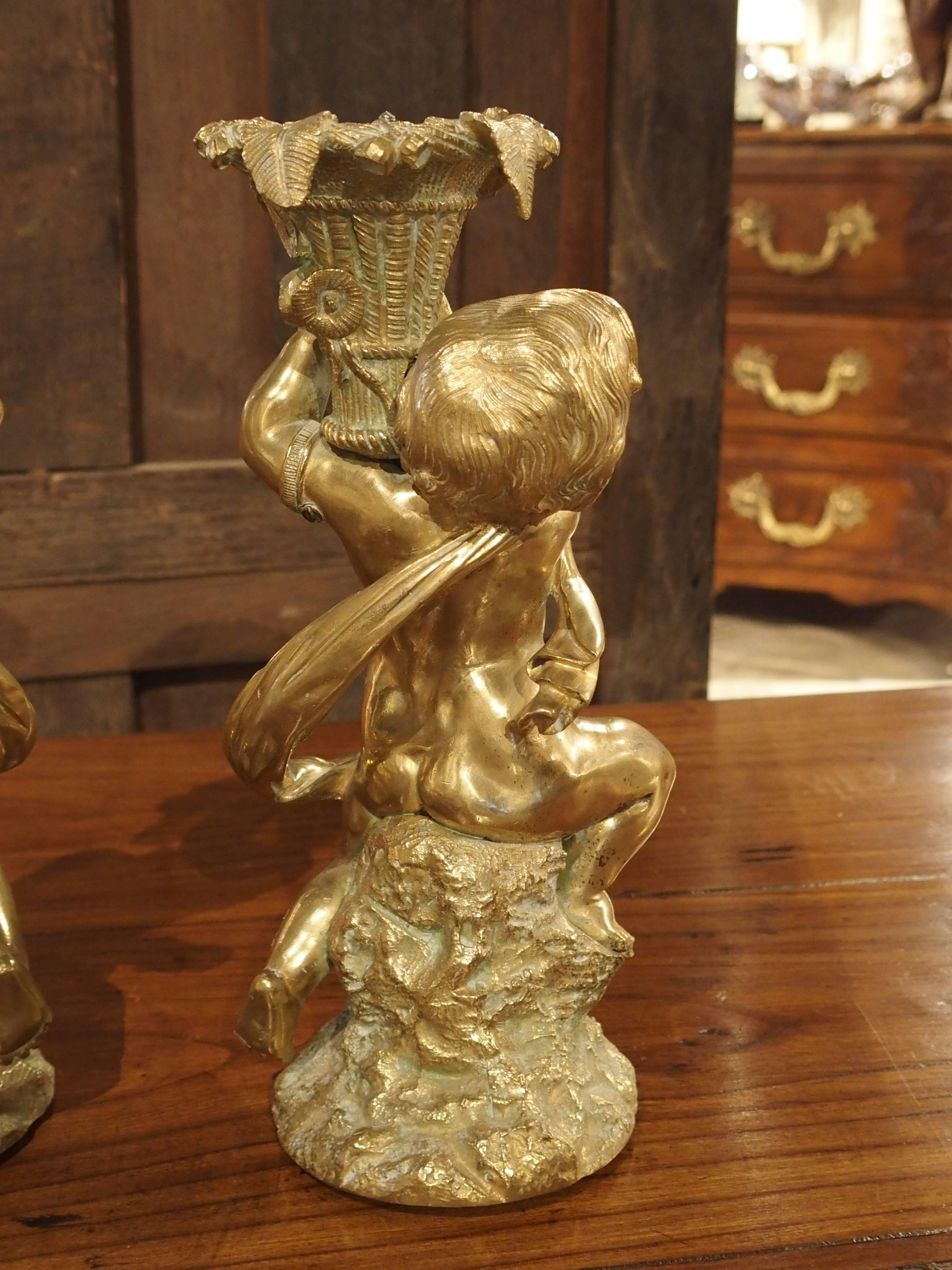 Baroque Gilt Bronze Putti Candlestick Holders from France, circa 1850