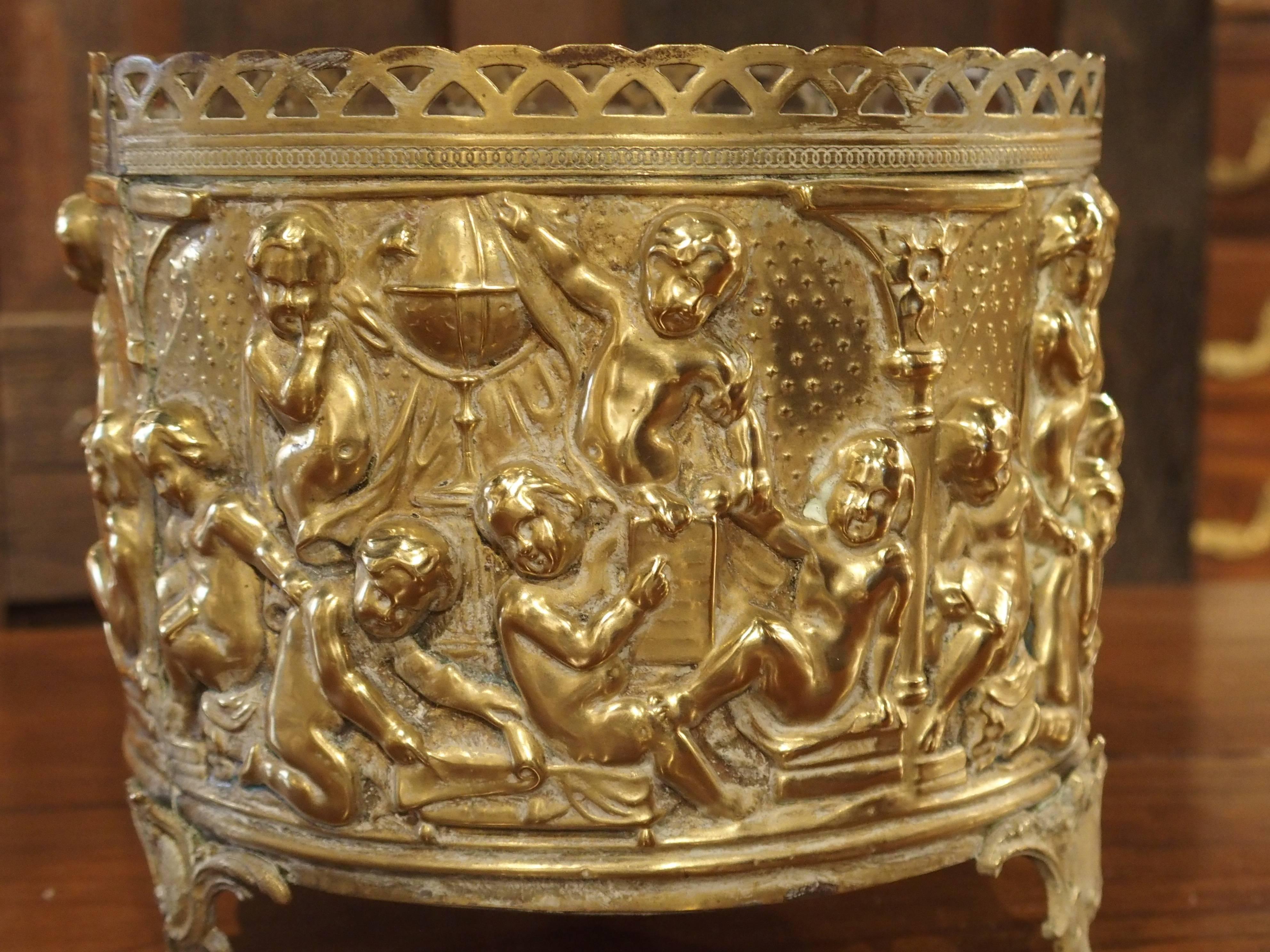 Small Antique French Brass Repousse Planter, circa 1900 4