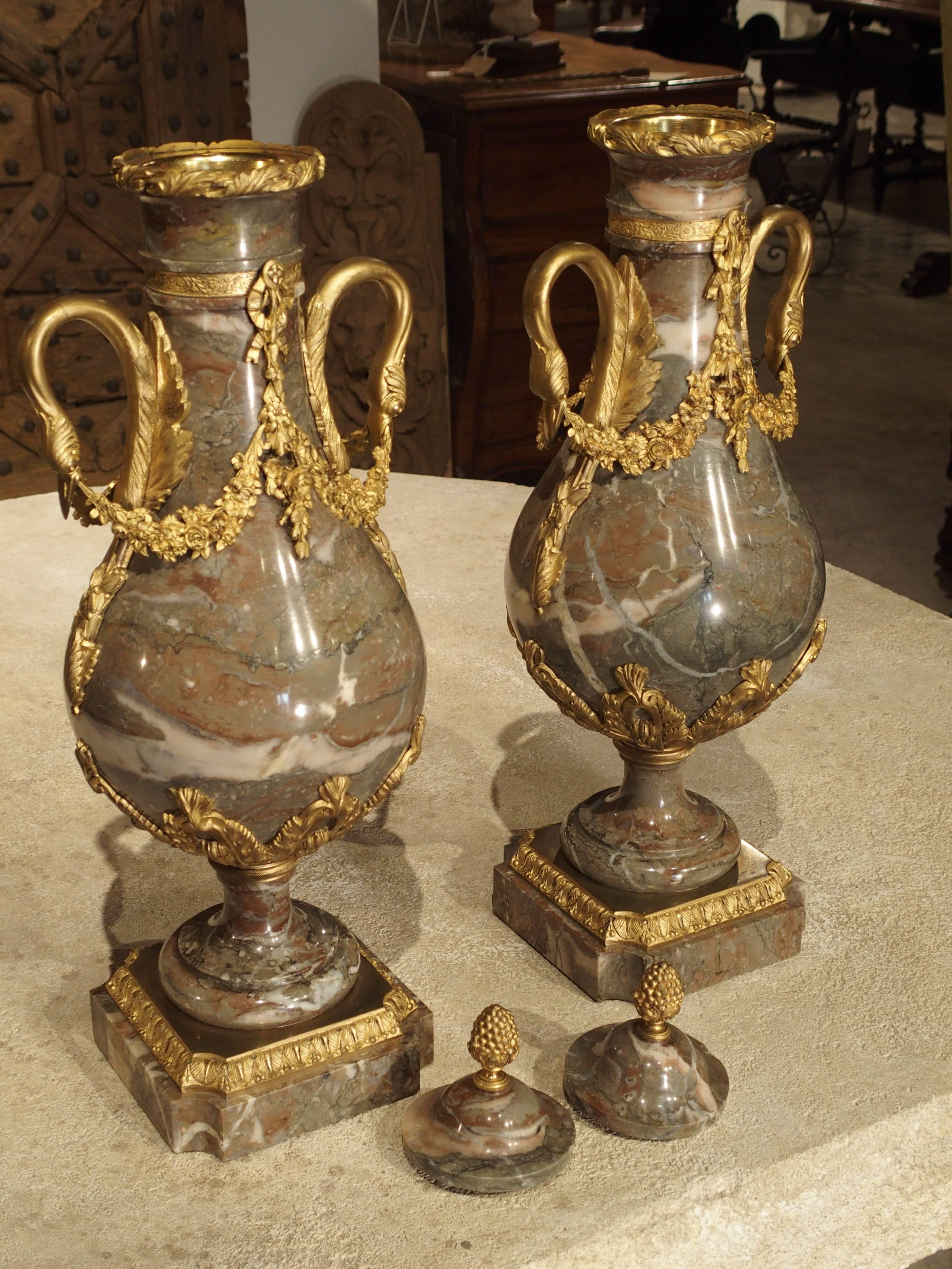 French Pair of Gilt Bronze and Marble Cassolettes from France, circa 1860