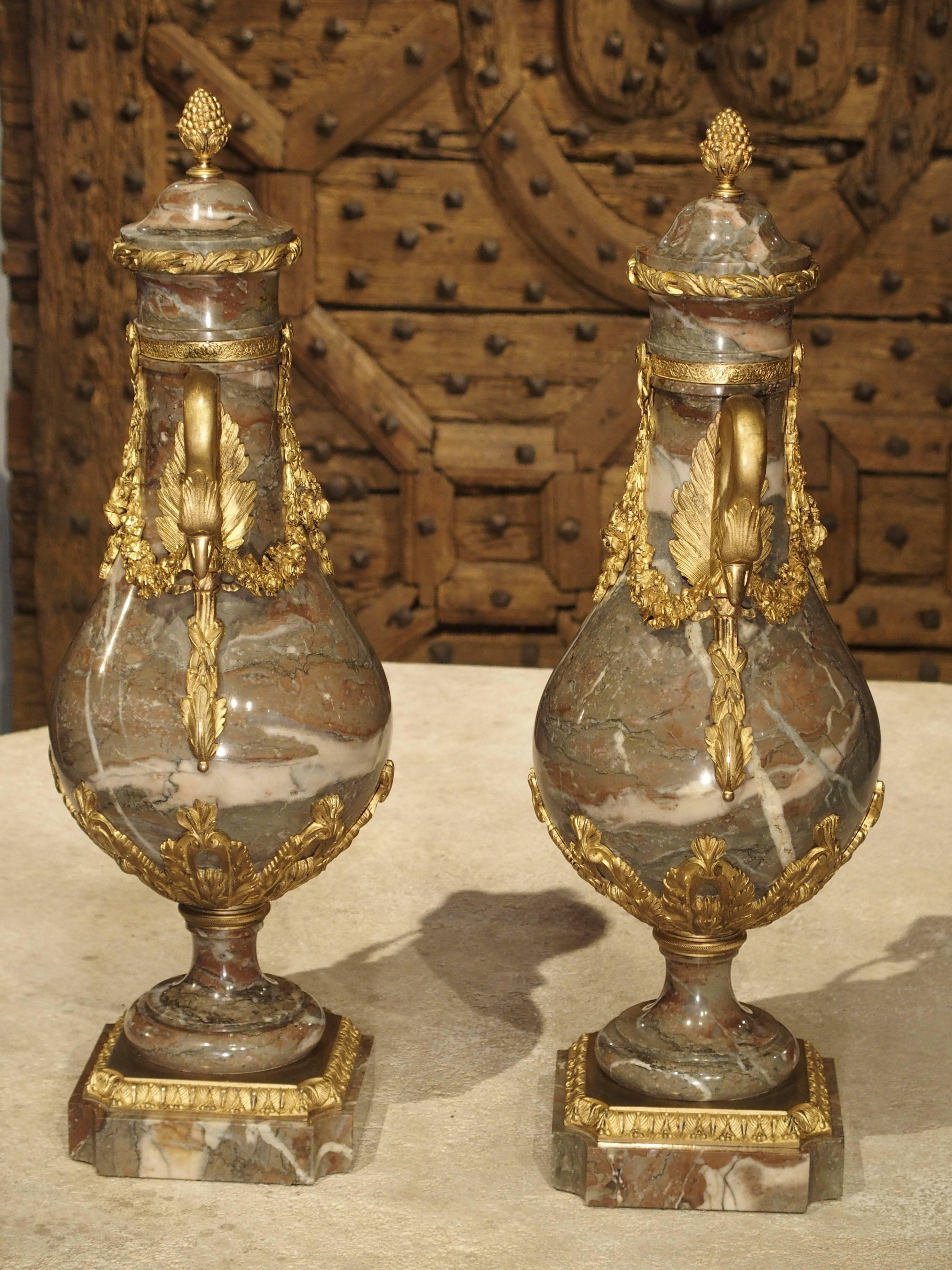 Pair of Gilt Bronze and Marble Cassolettes from France, circa 1860 In Excellent Condition In Dallas, TX