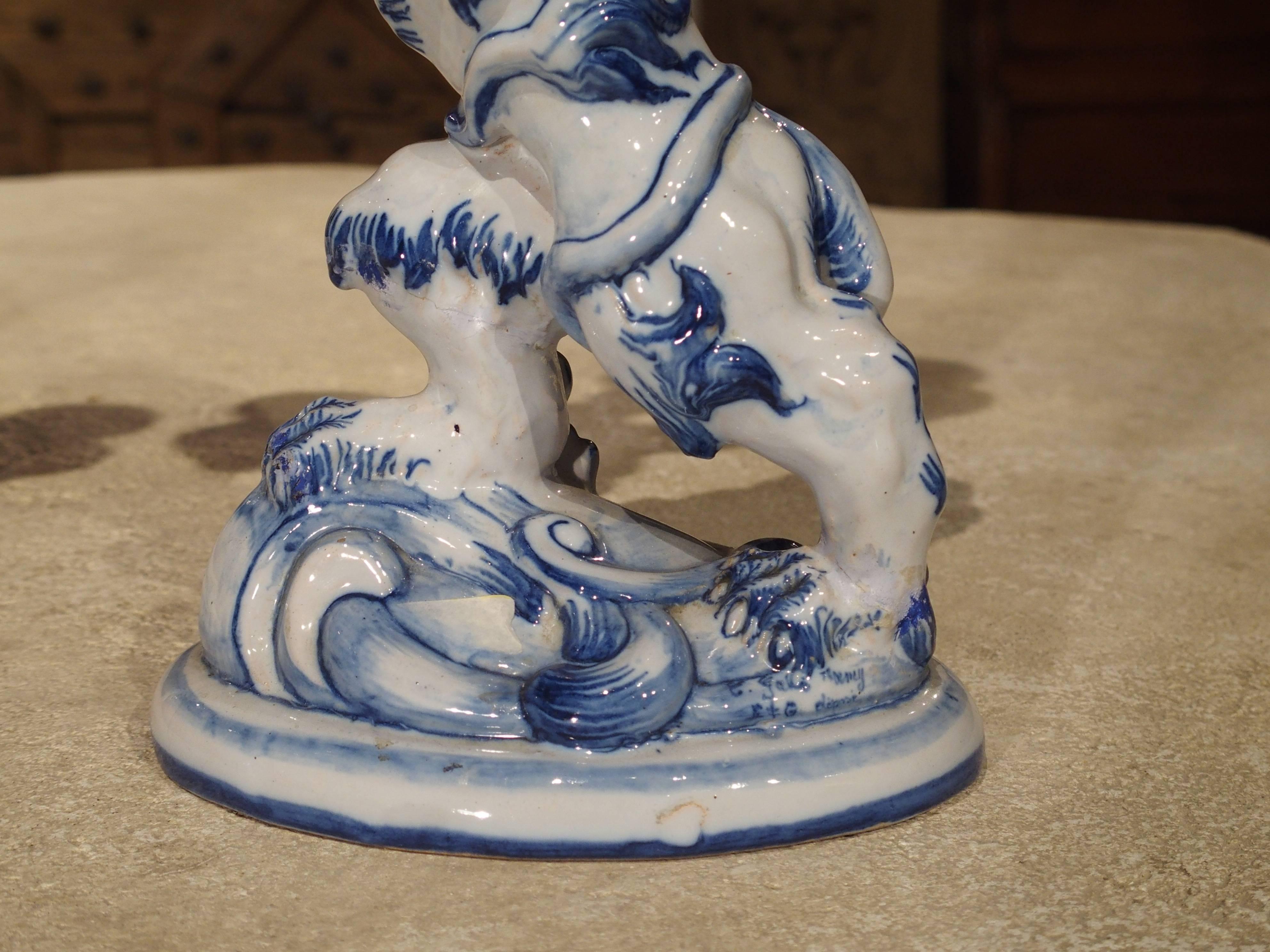 Hand-Painted Pair of Late 1800s Emille Galle Faience Lion Candleholders from France