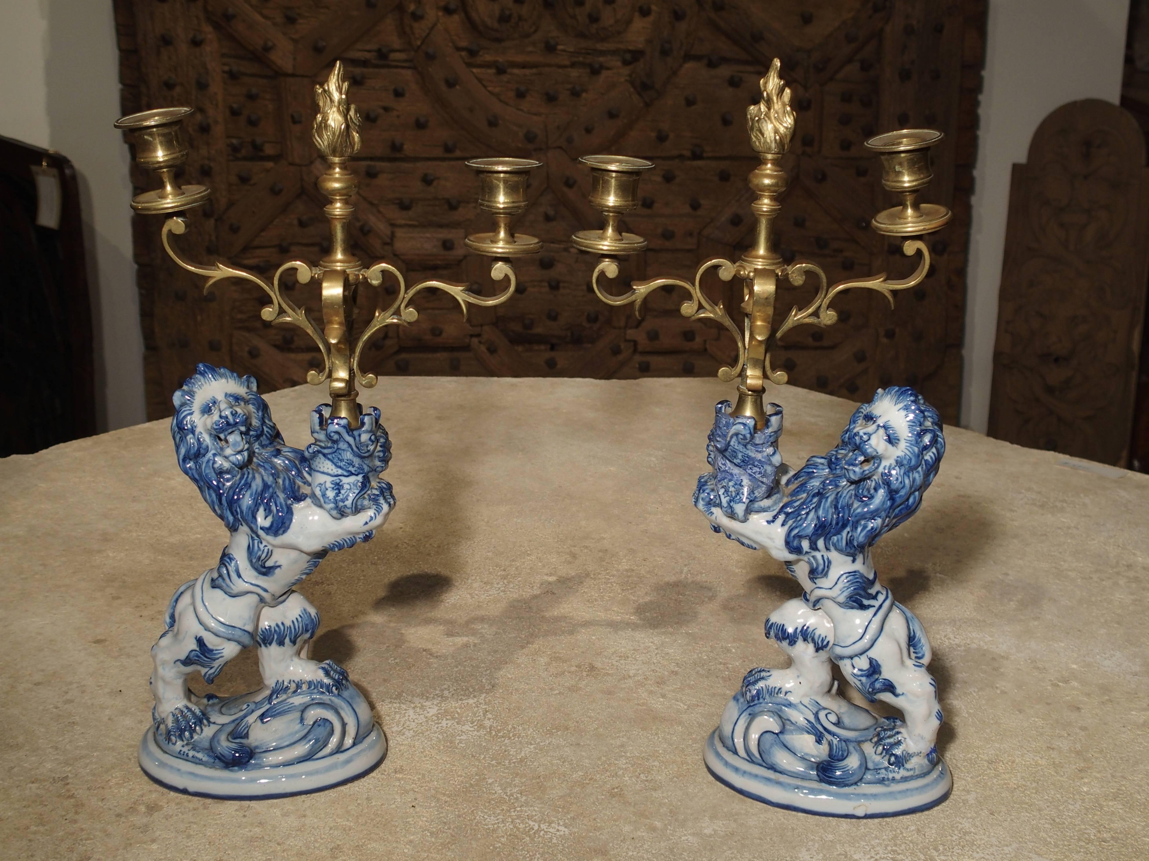 Pair of Late 1800s Emille Galle Faience Lion Candleholders from France 3