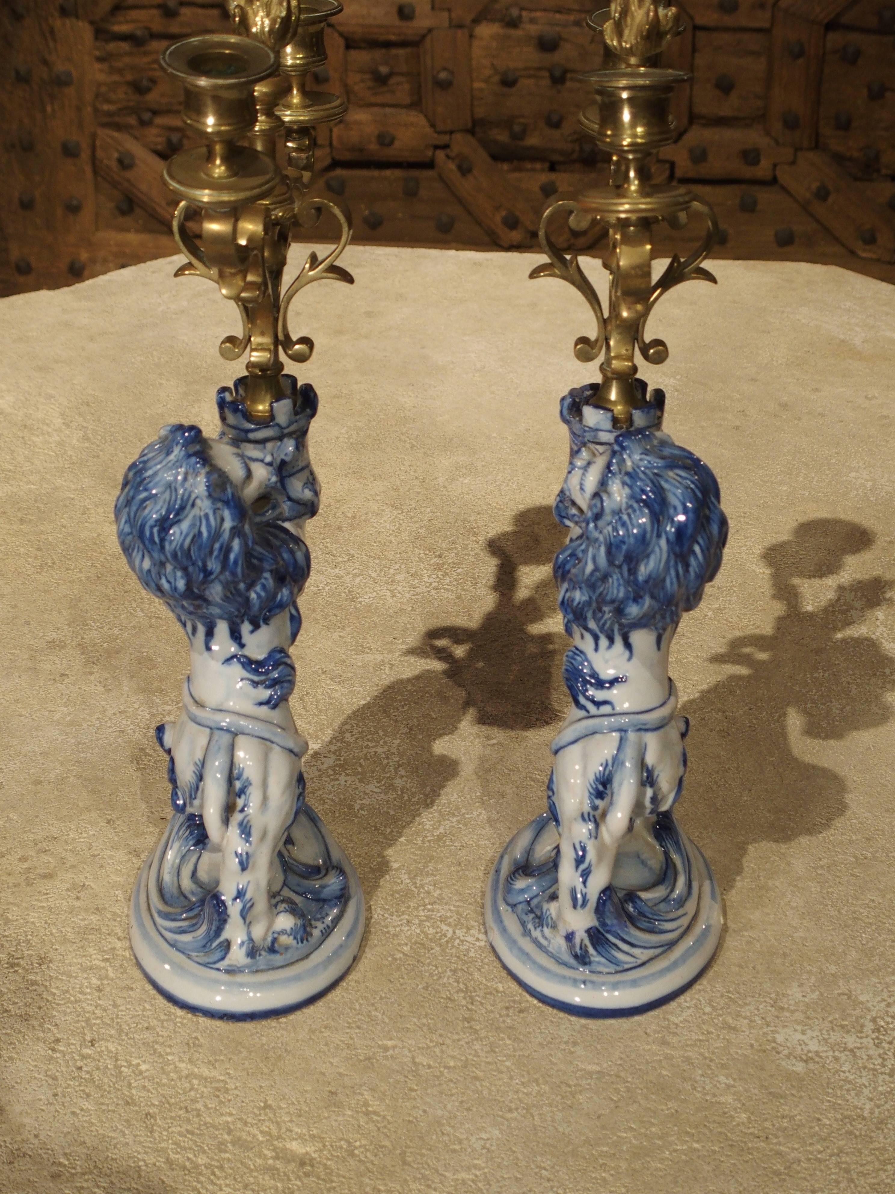 19th Century Pair of Late 1800s Emille Galle Faience Lion Candleholders from France