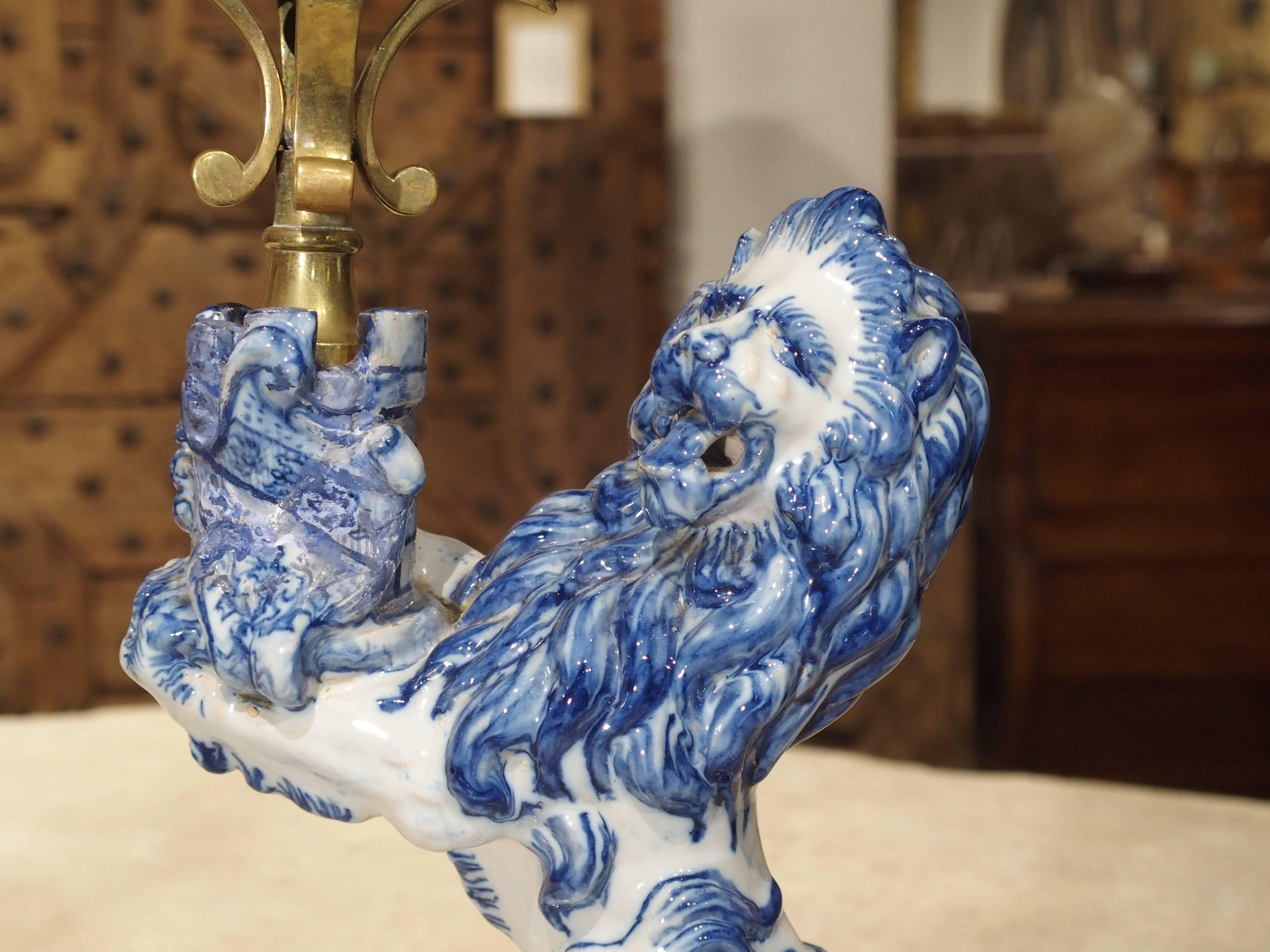 French Pair of Late 1800s Emille Galle Faience Lion Candleholders from France