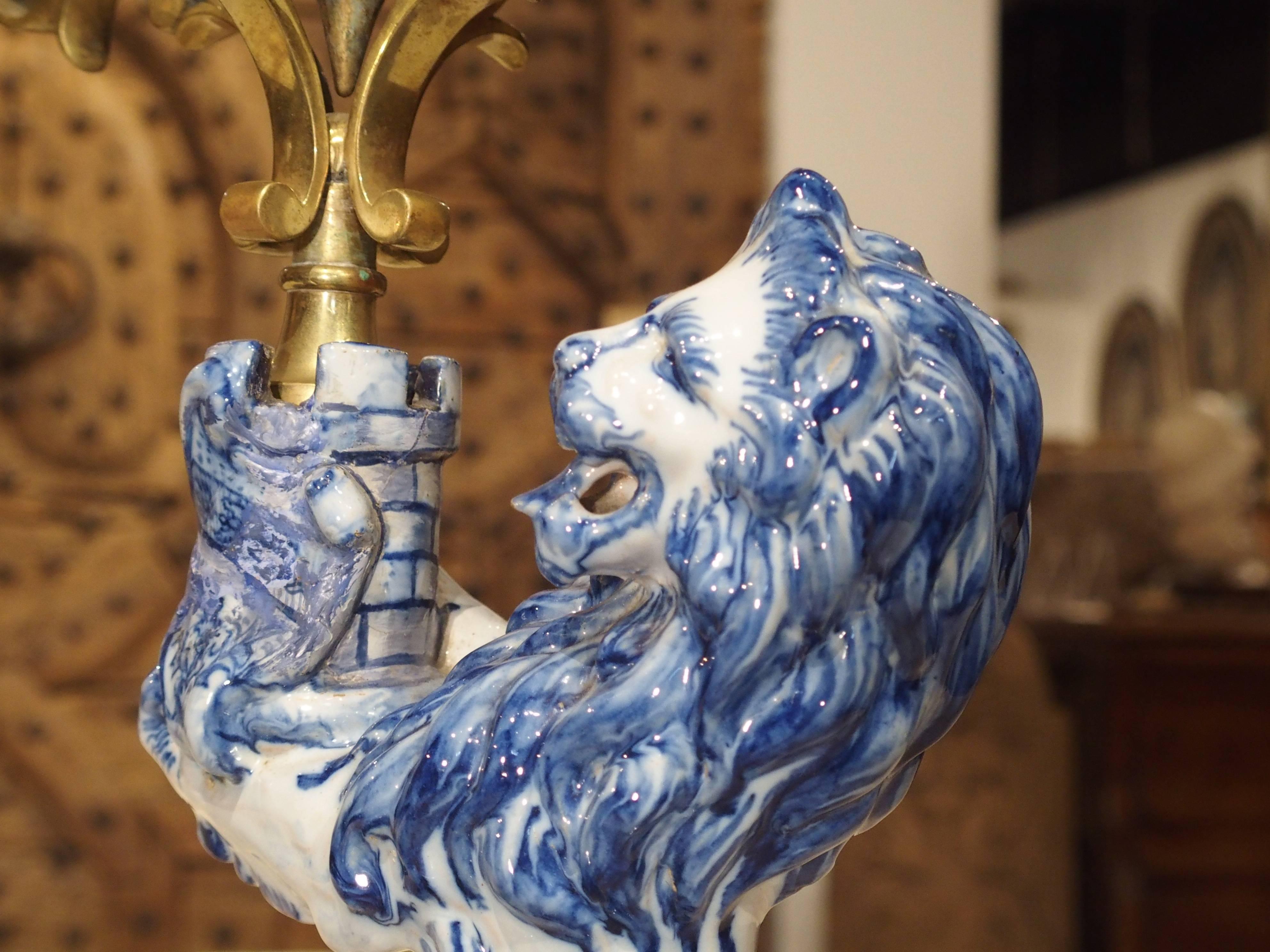 Bronze Pair of Late 1800s Emille Galle Faience Lion Candleholders from France