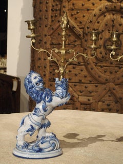 Pair of Late 1800s Emille Galle Faience Lion Candleholders from France