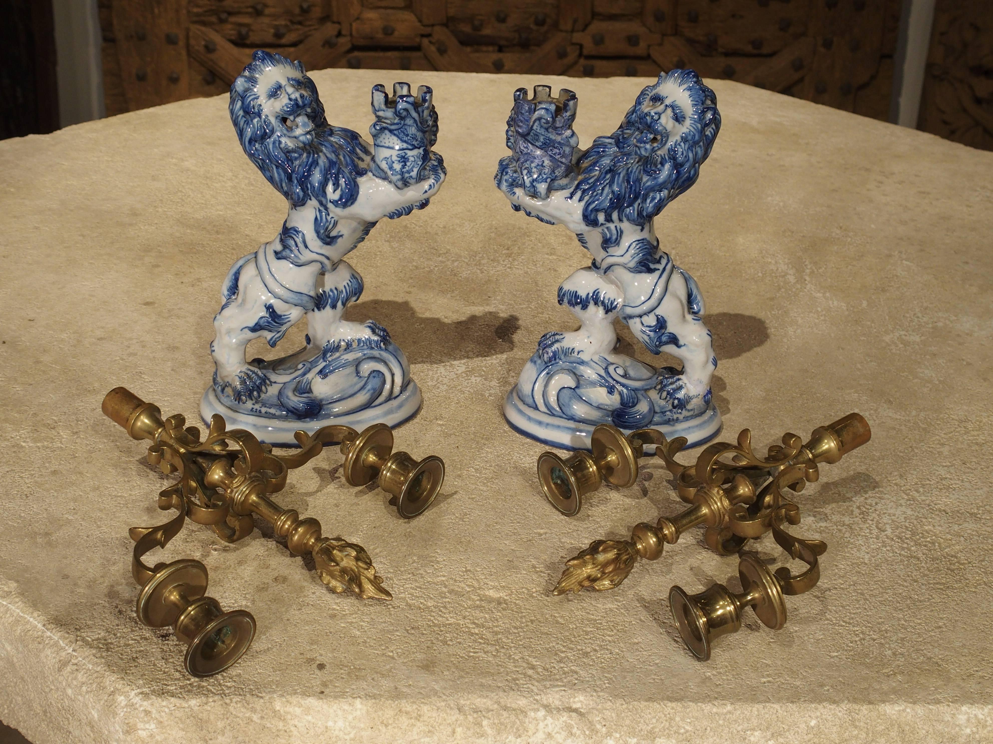 Pair of Late 1800s Emille Galle Faience Lion Candleholders from France 2