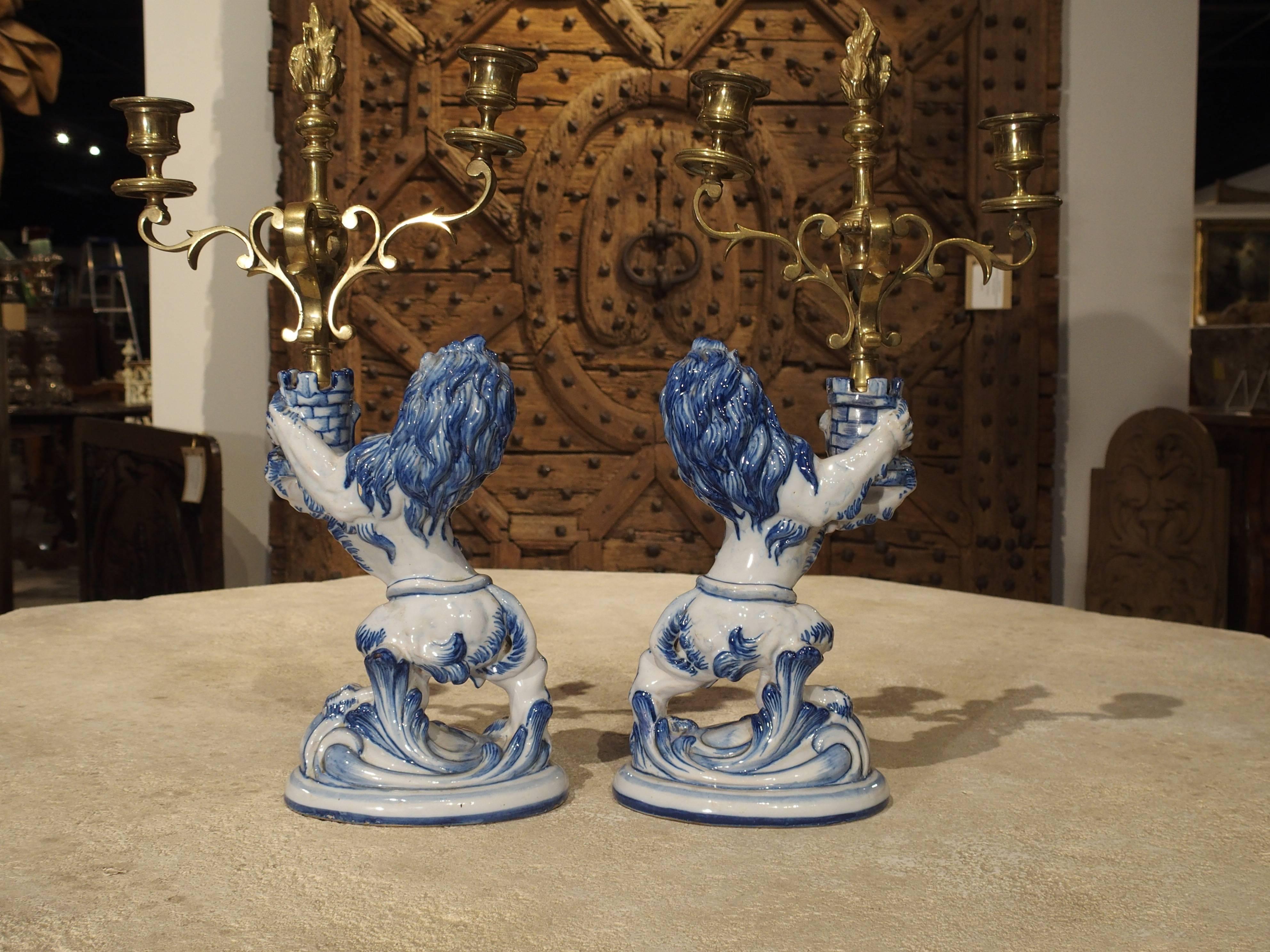 Pair of Late 1800s Emille Galle Faience Lion Candleholders from France 1