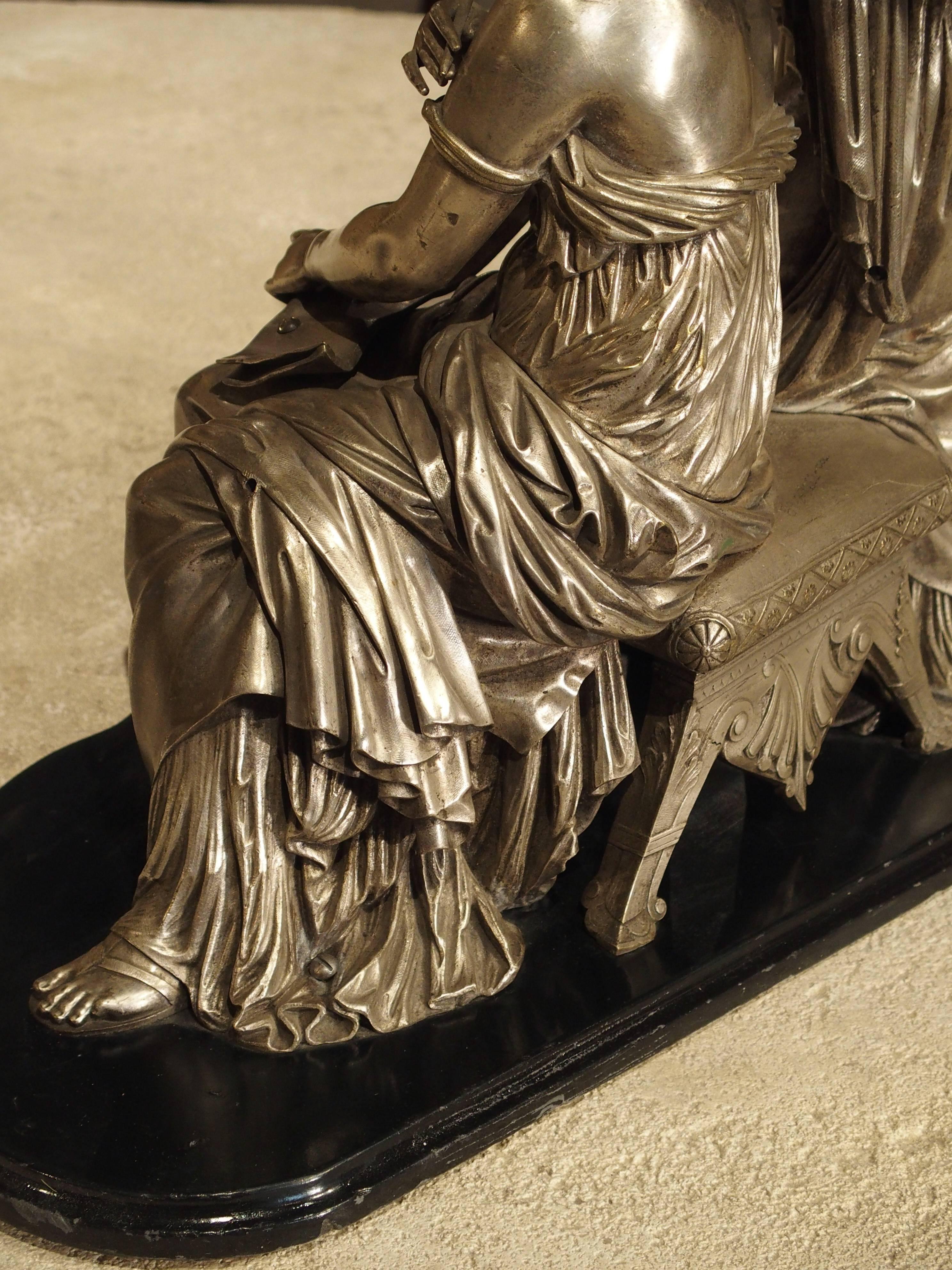 Antique Classical Silvered Bronze of Women Reading a Scroll, France, circa 1870 3