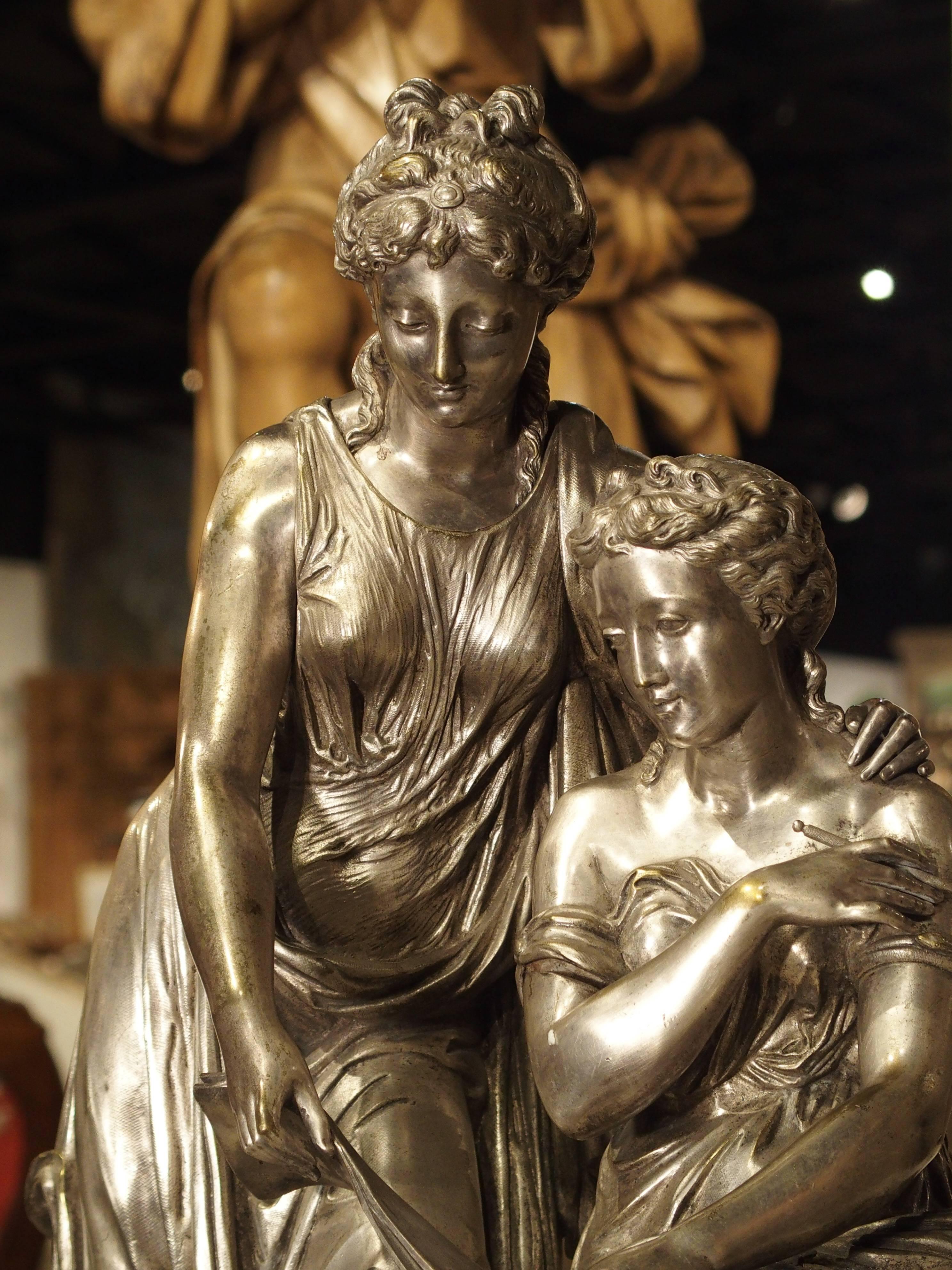 Antique Classical Silvered Bronze of Women Reading a Scroll, France, circa 1870 In Good Condition In Dallas, TX