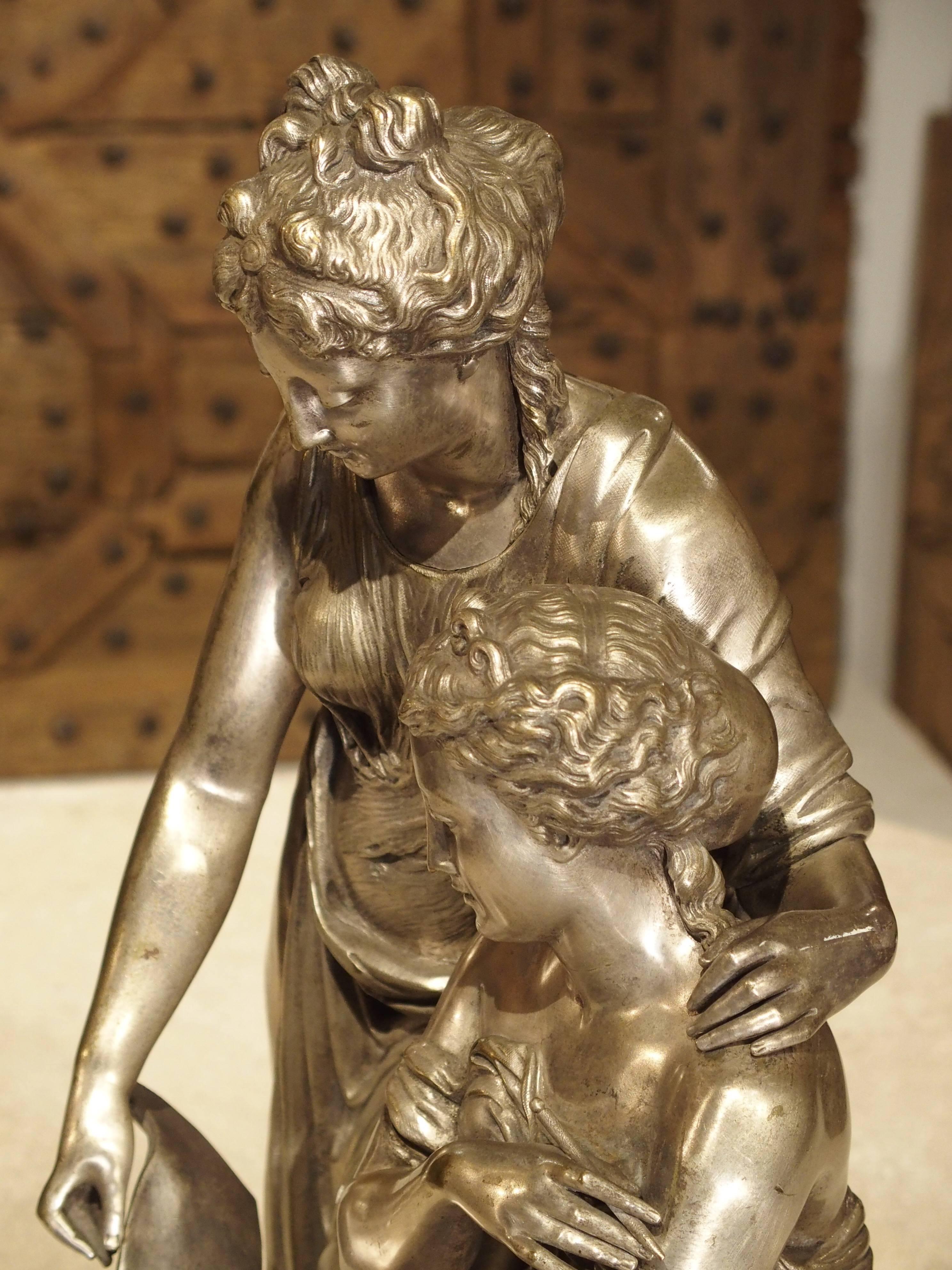 Antique Classical Silvered Bronze of Women Reading a Scroll, France, circa 1870 1