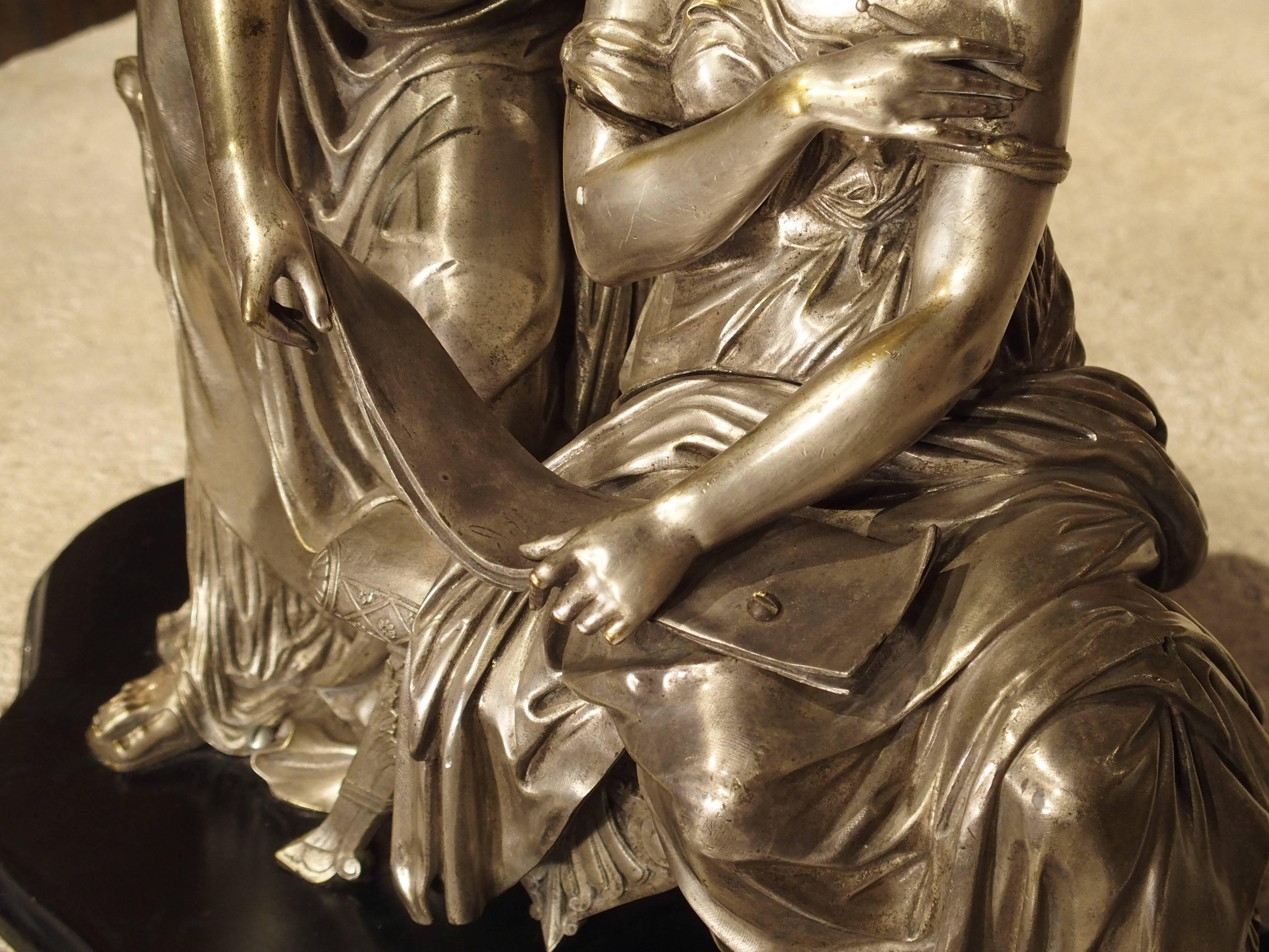 French Antique Classical Silvered Bronze of Women Reading a Scroll, France, circa 1870