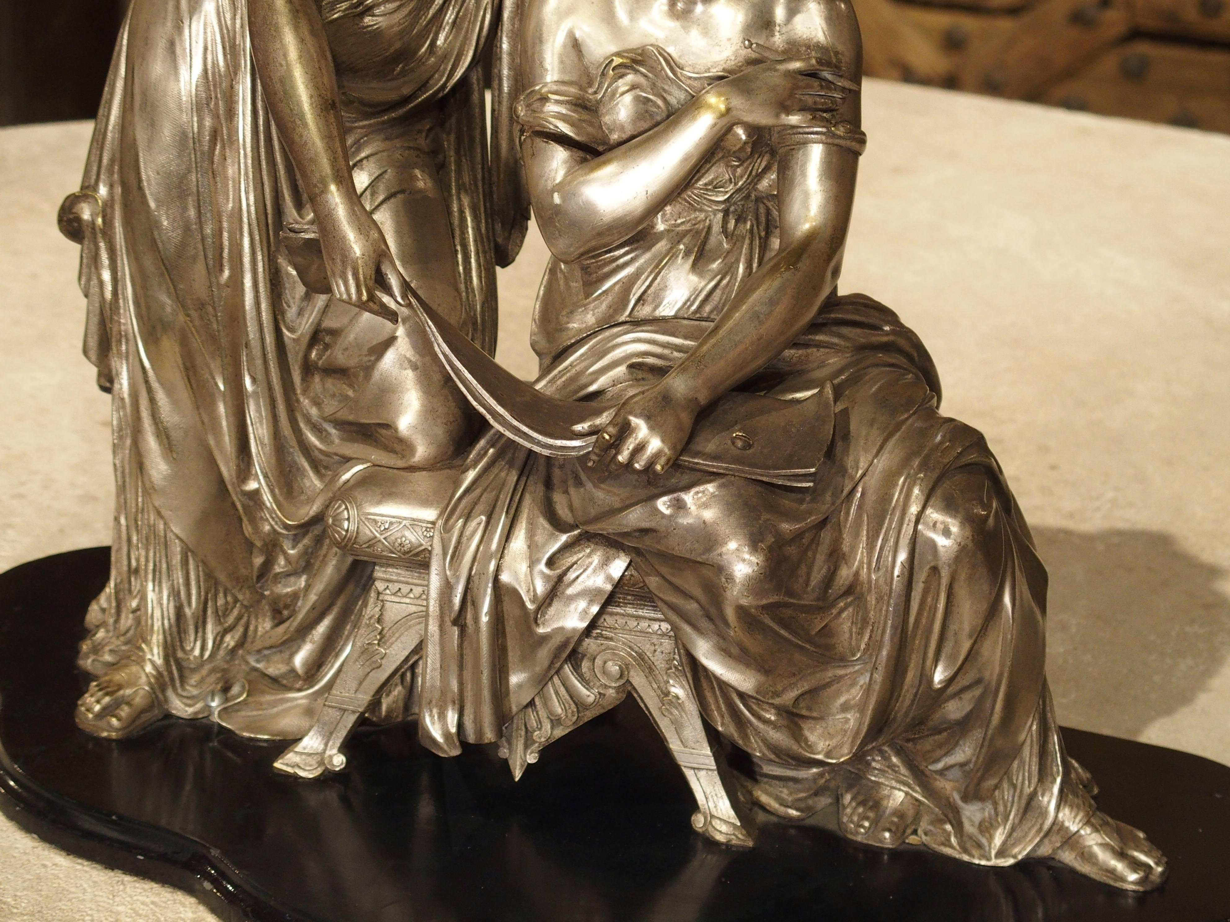 19th Century Antique Classical Silvered Bronze of Women Reading a Scroll, France, circa 1870