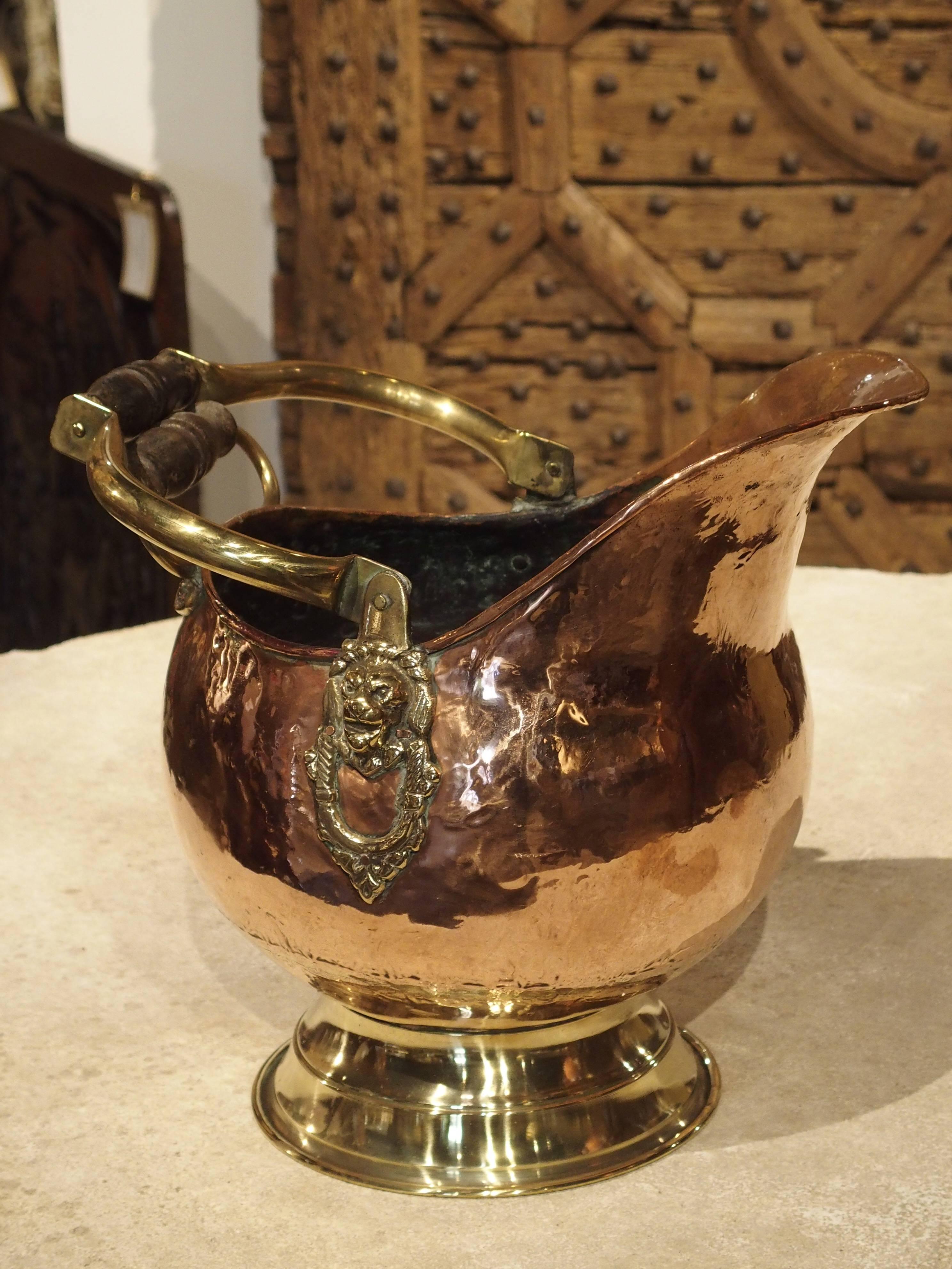 French Copper and Brass Coal Pail with Lion Motifs, France, Early to Mid-1900s 1