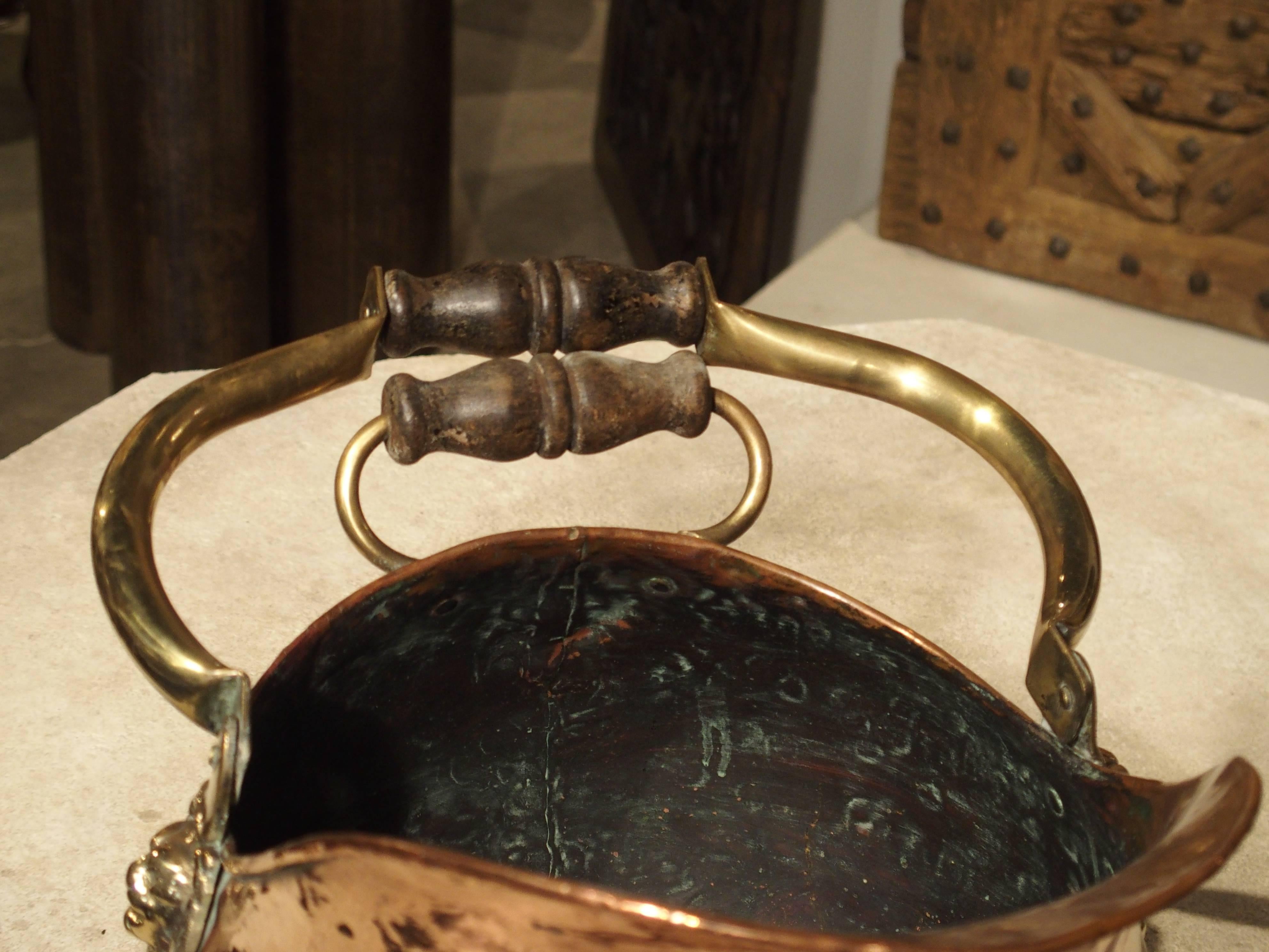 French Copper and Brass Coal Pail with Lion Motifs, France, Early to Mid-1900s In Good Condition In Dallas, TX