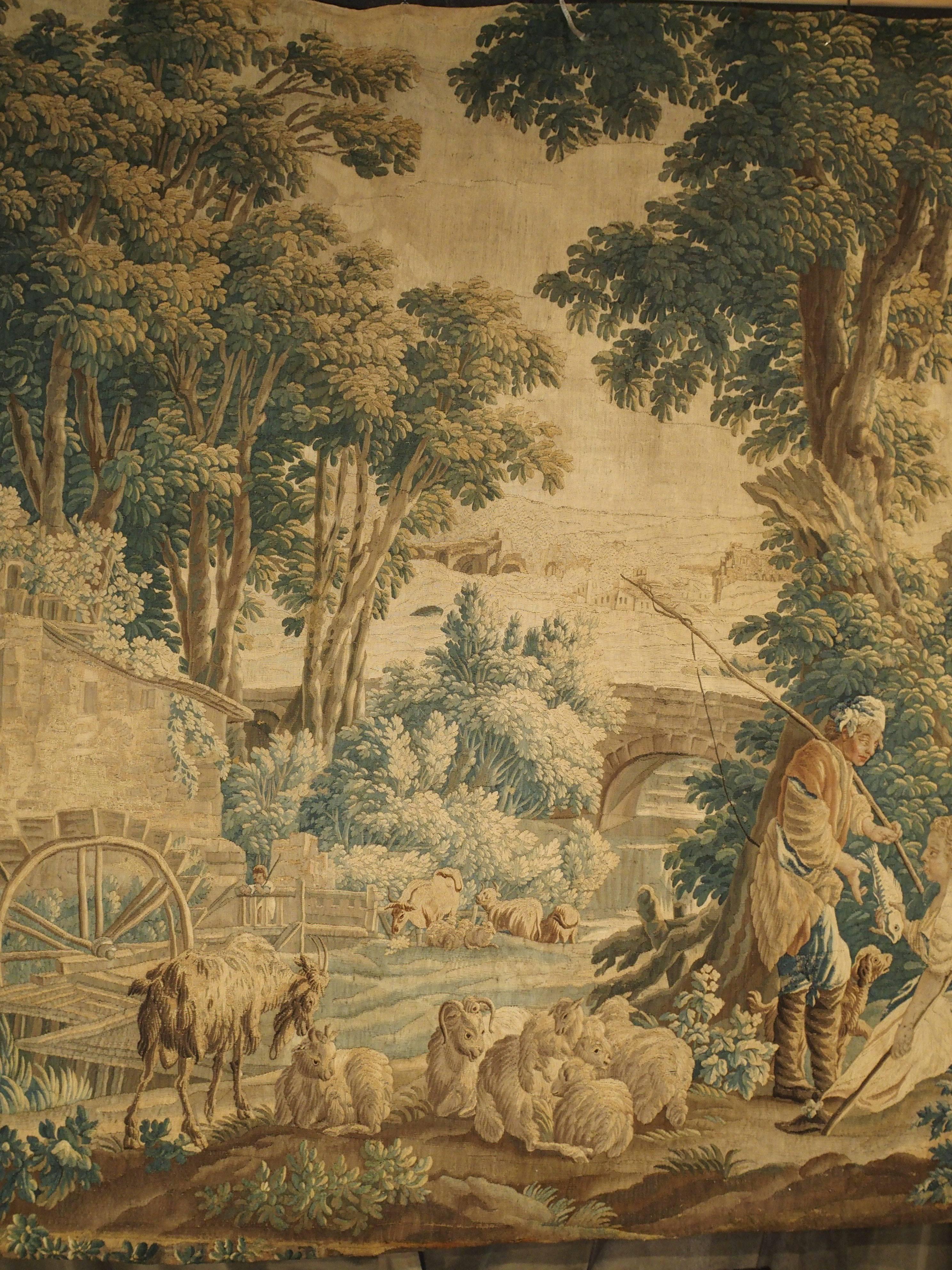 Silk and Wool Aubusson Pastoral Watermill Tapestry, circa 1760 3