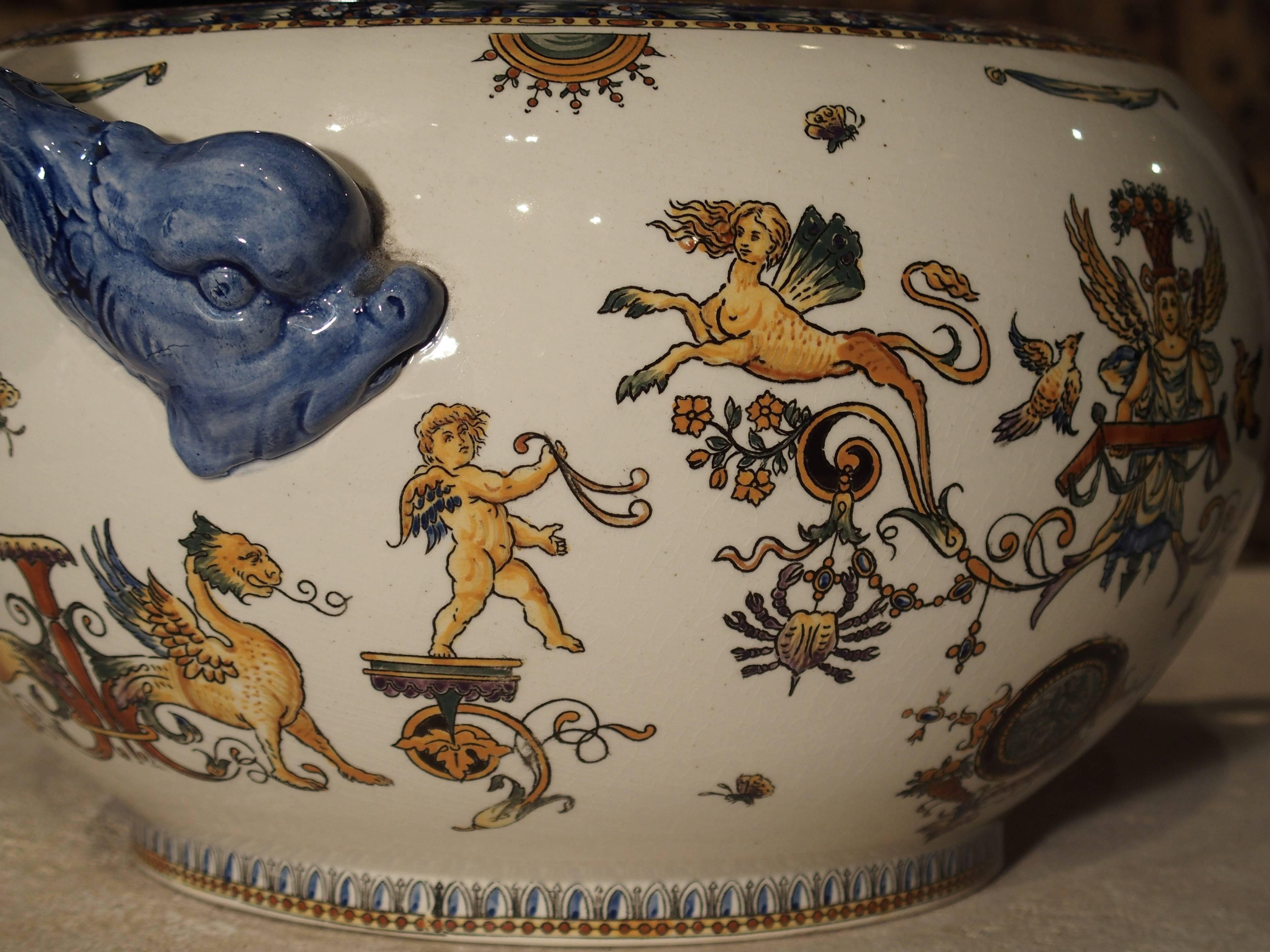 Early 20th Century Antique Gien Cachepot with Dolphin Handles from France, circa 1900